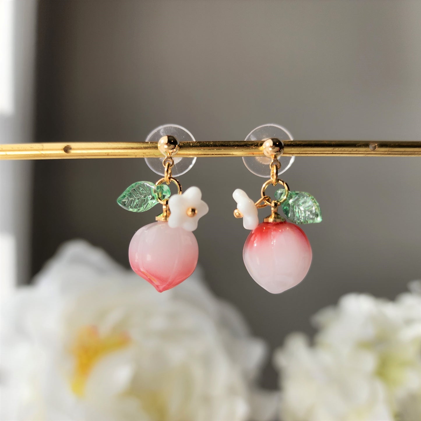 Peach earrings, fruit dangle earrings, food earrings, gift for her