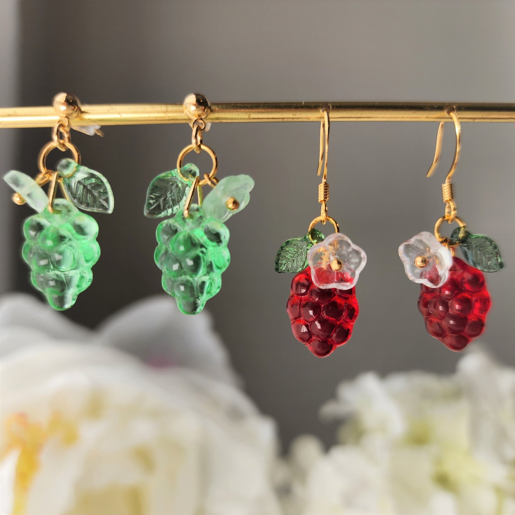 Grape earrings, Pure color glass grape earrings, fruit earrings