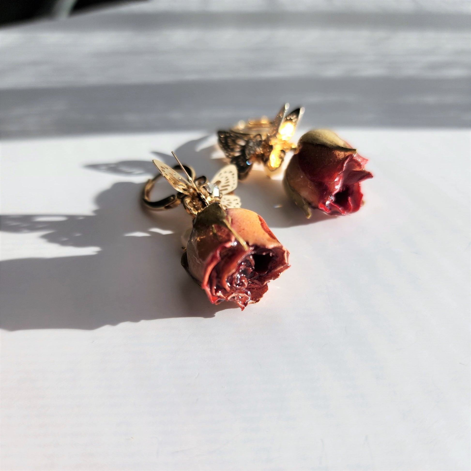Real rose dangle earrings, gold butterfly with red rose earrings, gold fan with yellow rose earrings, gift for her