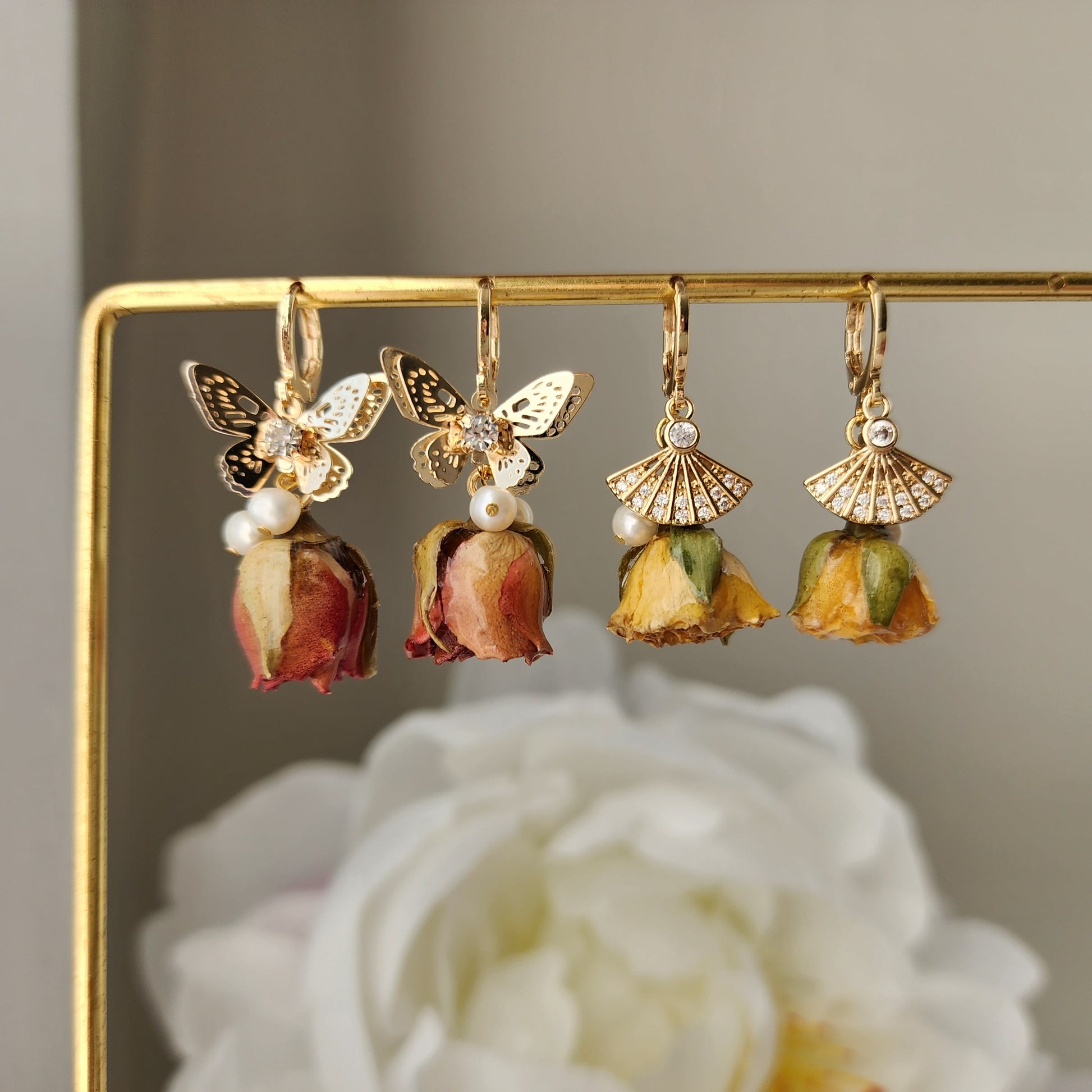 Real rose dangle earrings, gold butterfly with red rose earrings, gold fan with yellow rose earrings, gift for her