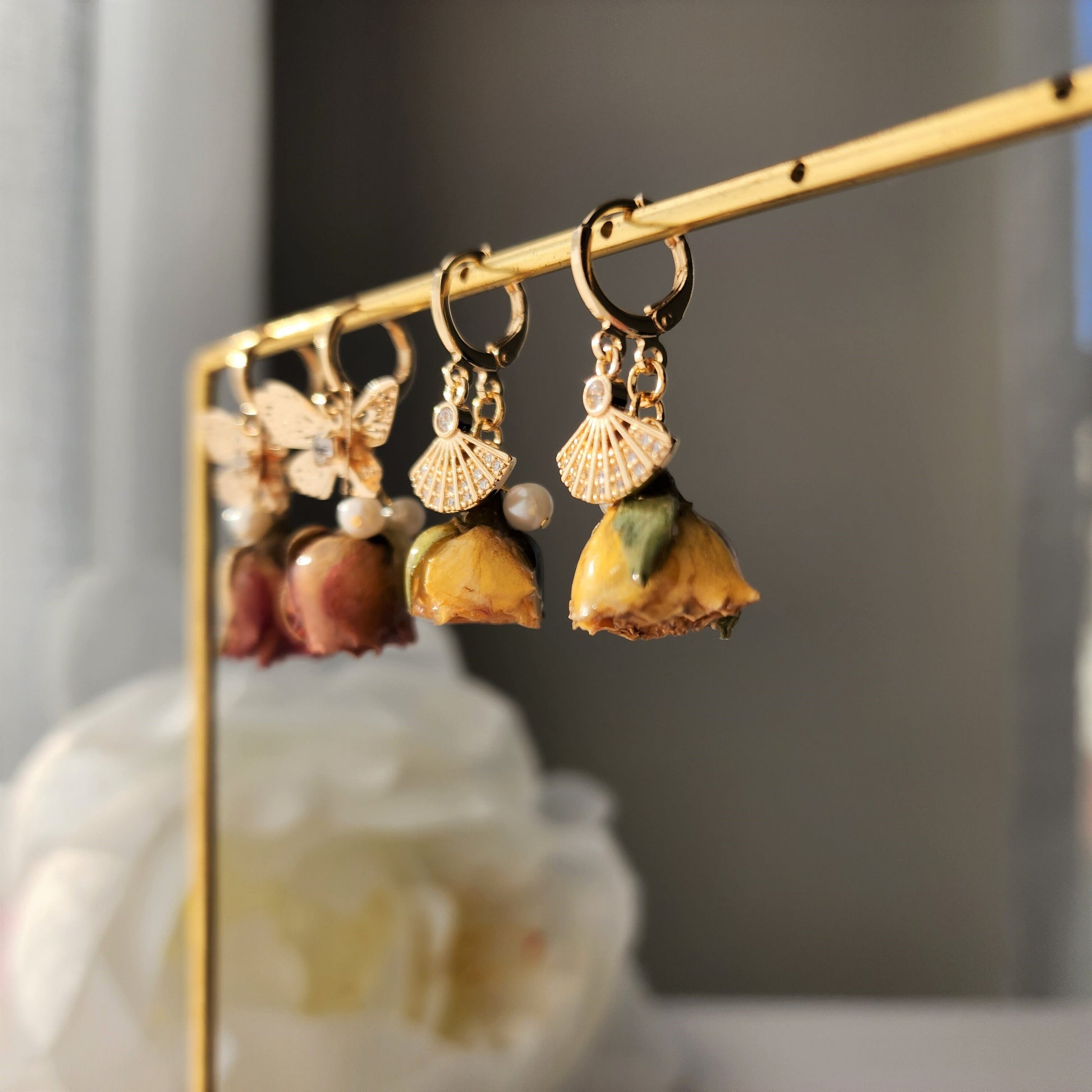 Real rose dangle earrings, gold butterfly with red rose earrings, gold fan with yellow rose earrings, gift for her