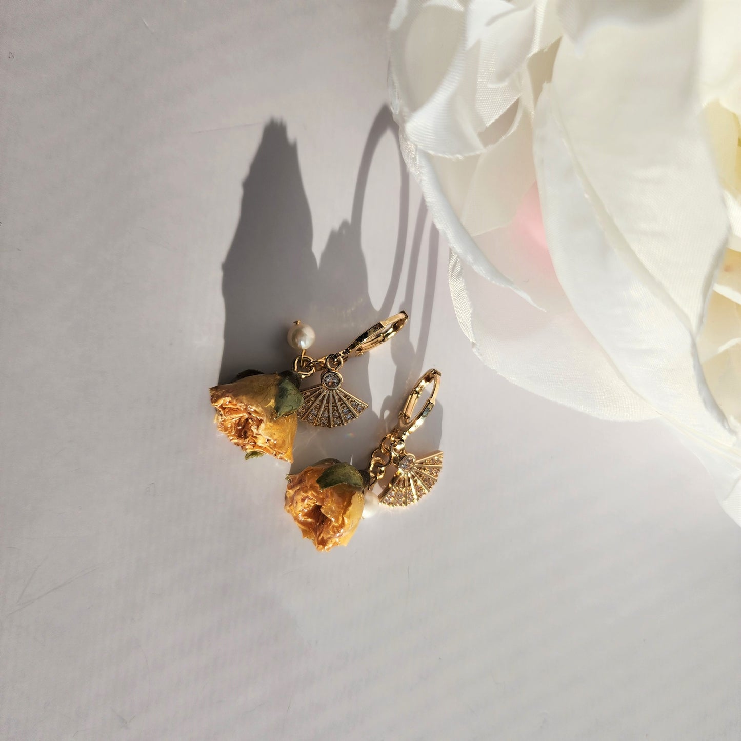 Real rose dangle earrings, gold butterfly with red rose earrings, gold fan with yellow rose earrings, gift for her