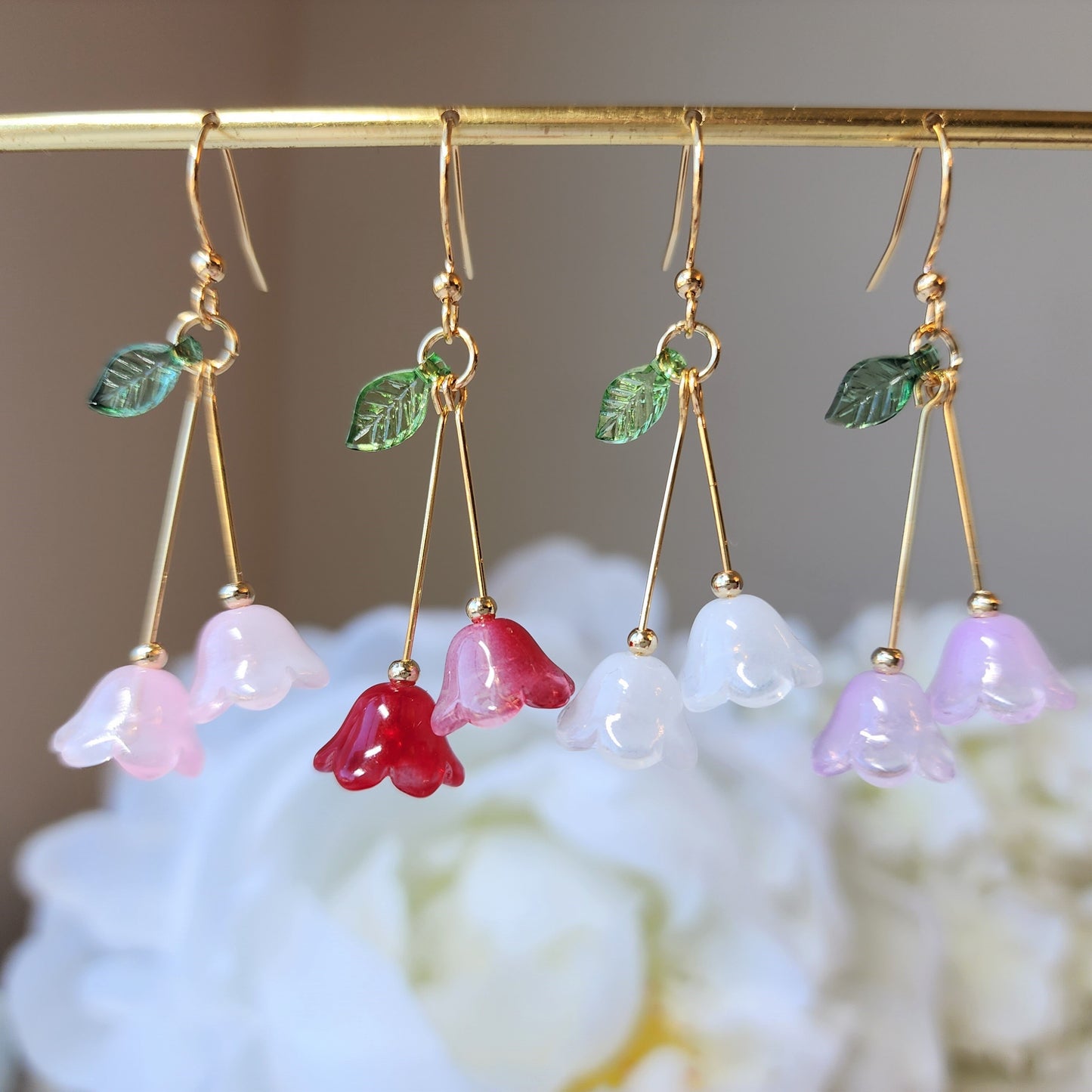 Lily of the valley flower earrings, floral earrings, colorful flower dangle earrings, gift for her