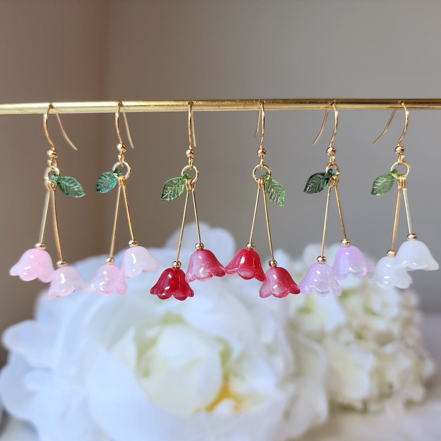 Lily of the valley flower earrings, floral earrings, colorful flower dangle earrings, gift for her
