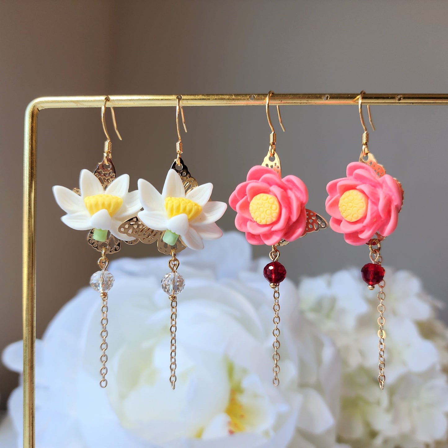 Lotus blossom earrings, water lily dangle earrings, floral earrings, gift for her