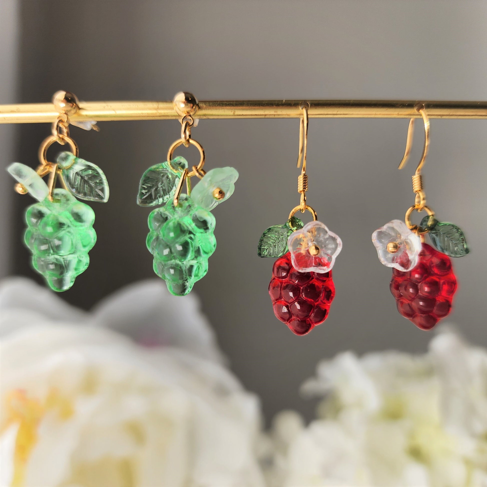 Grape earrings, Pure color glass grape earrings, fruit earrings