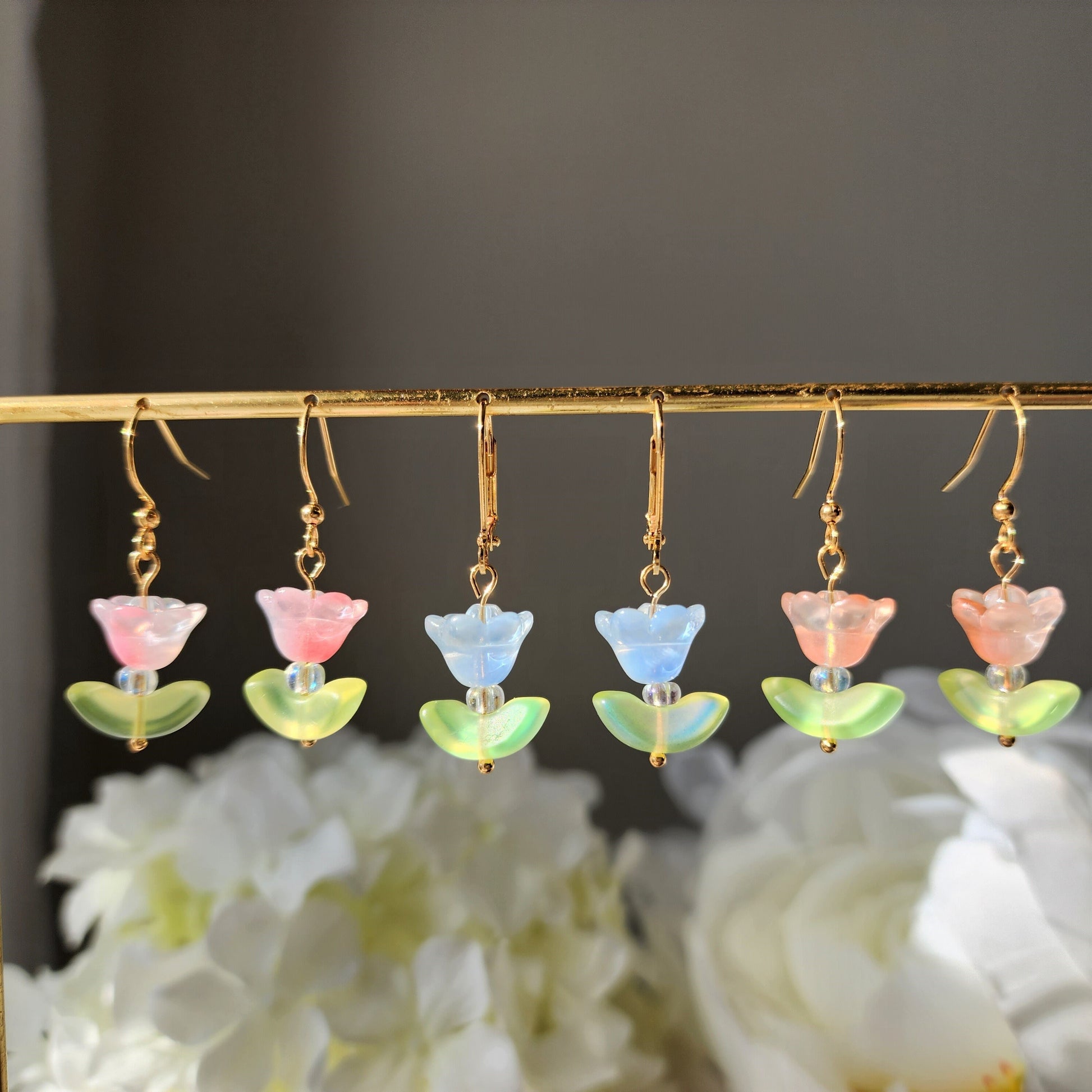 Soft color wildflower dangle earrings, small flower on vintage Czech leaf earrings, floral drop earrings, vintage style flower leaf earrings