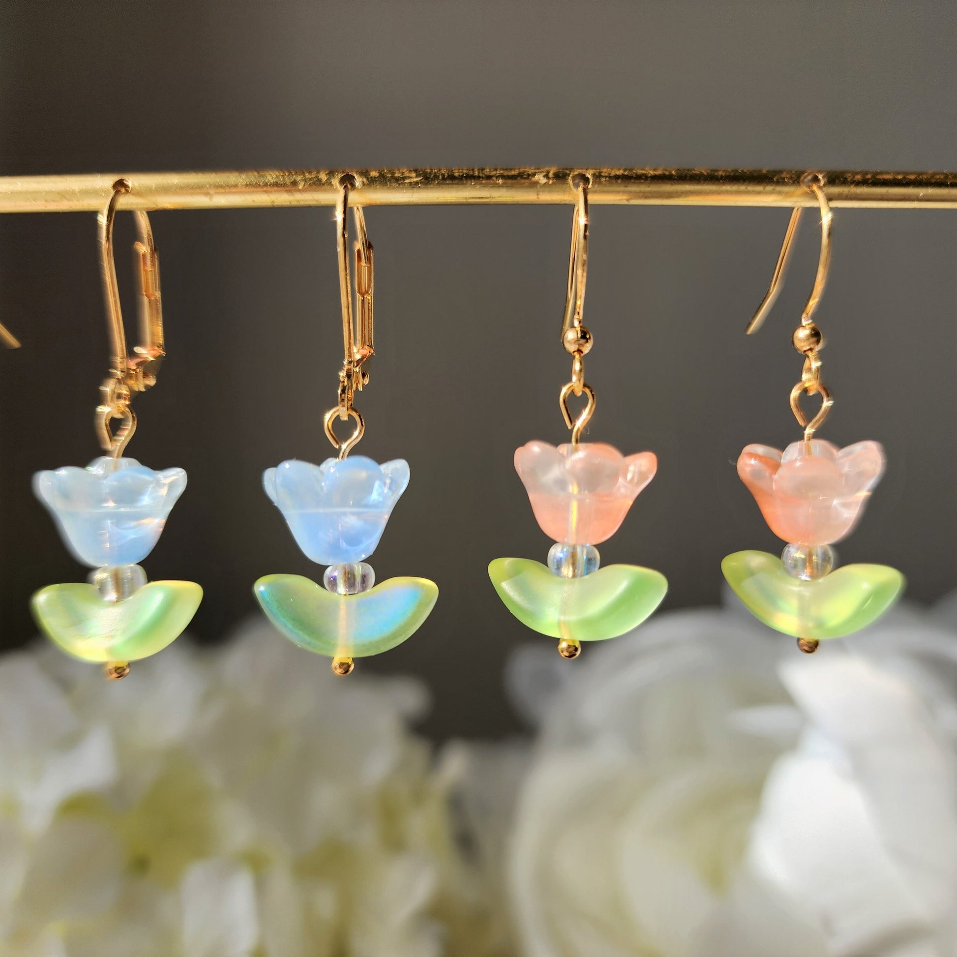 Soft color wildflower dangle earrings, small flower on vintage Czech leaf earrings, floral drop earrings, vintage style flower leaf earrings