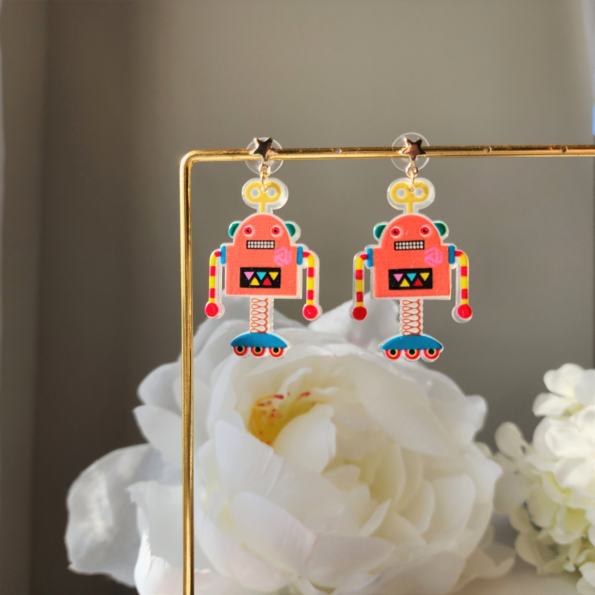 Robot earrings, robot dangle earrings, gift for her