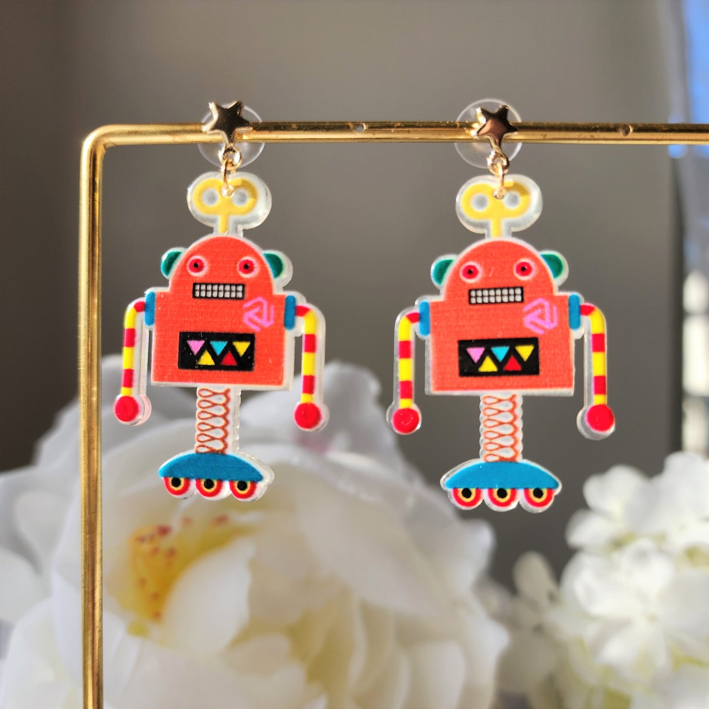 Robot earrings, robot dangle earrings, gift for her