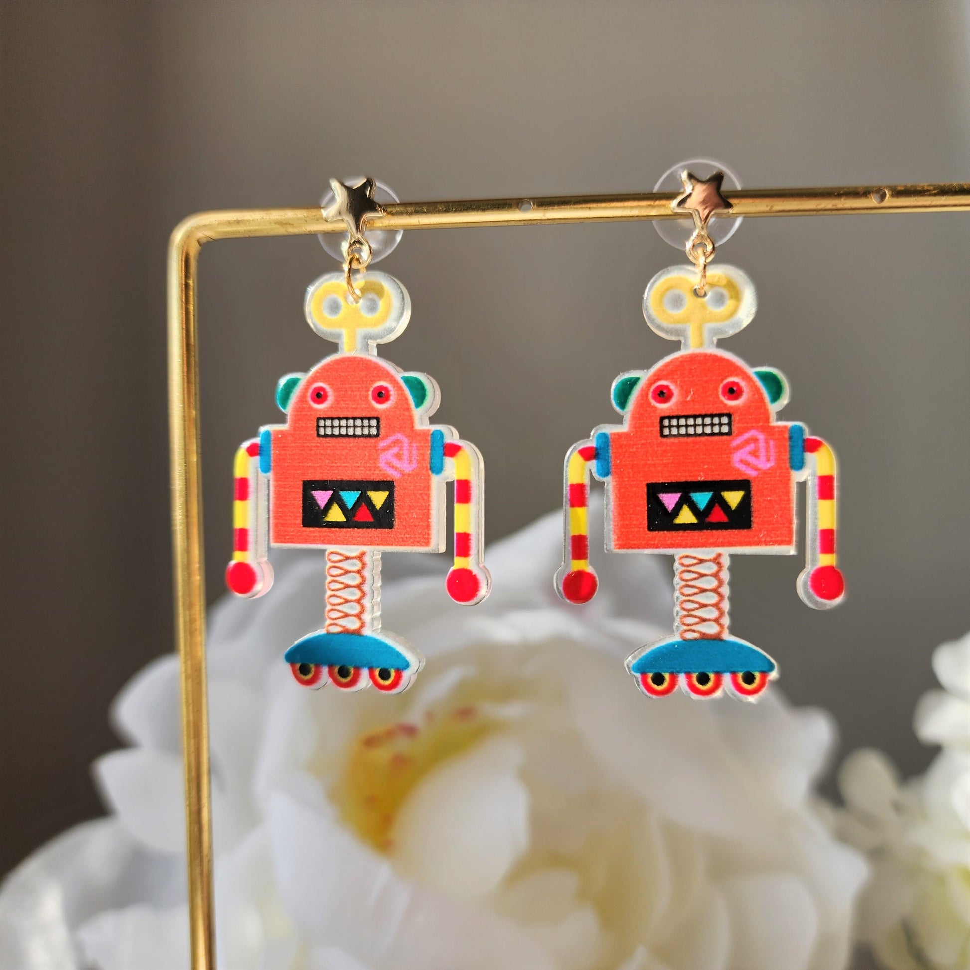 Robot earrings, robot dangle earrings, gift for her