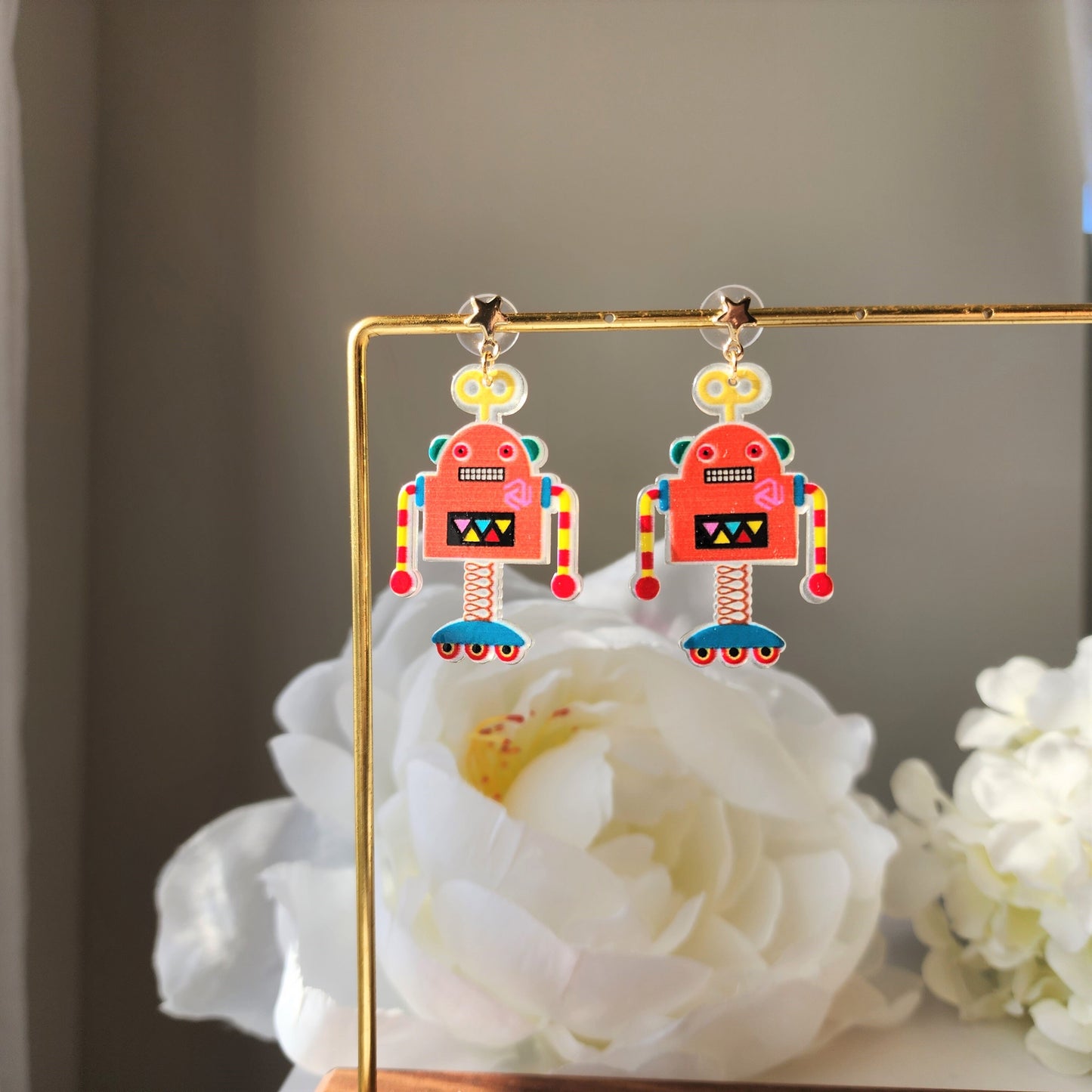 Robot earrings, robot dangle earrings, gift for her