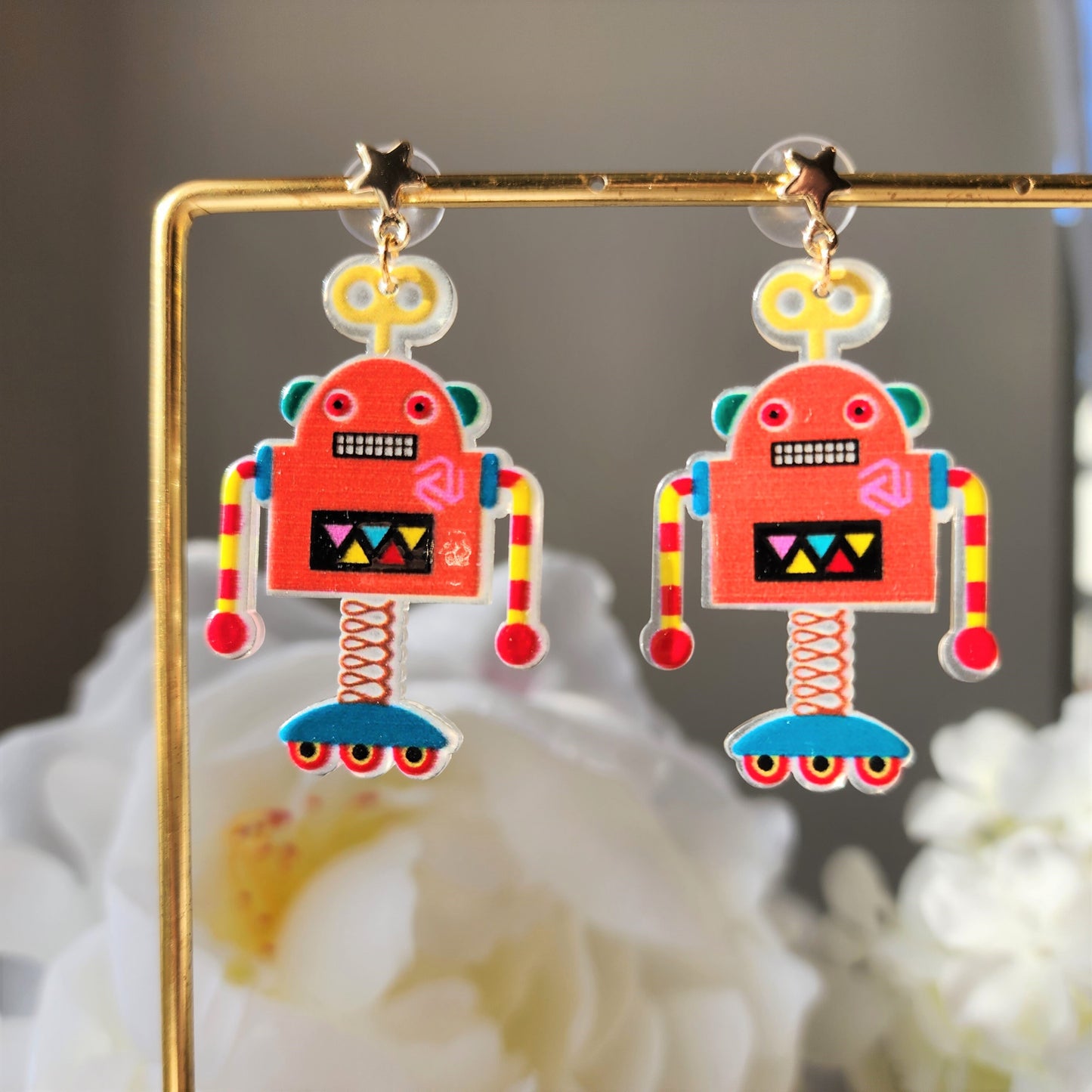 Robot earrings, robot dangle earrings, gift for her