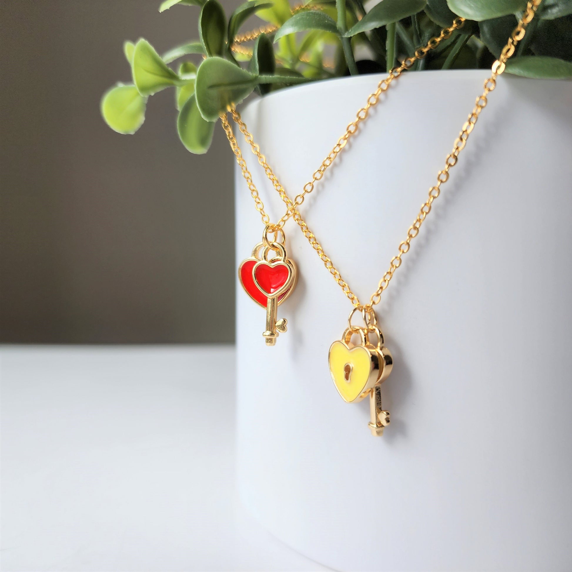 Red Heart Necklace, Love Heart lock and Key Gold Necklace,Bridesmaid Gift, Bridal Shower Gift, Flower Girl Necklace, Birthday Gift