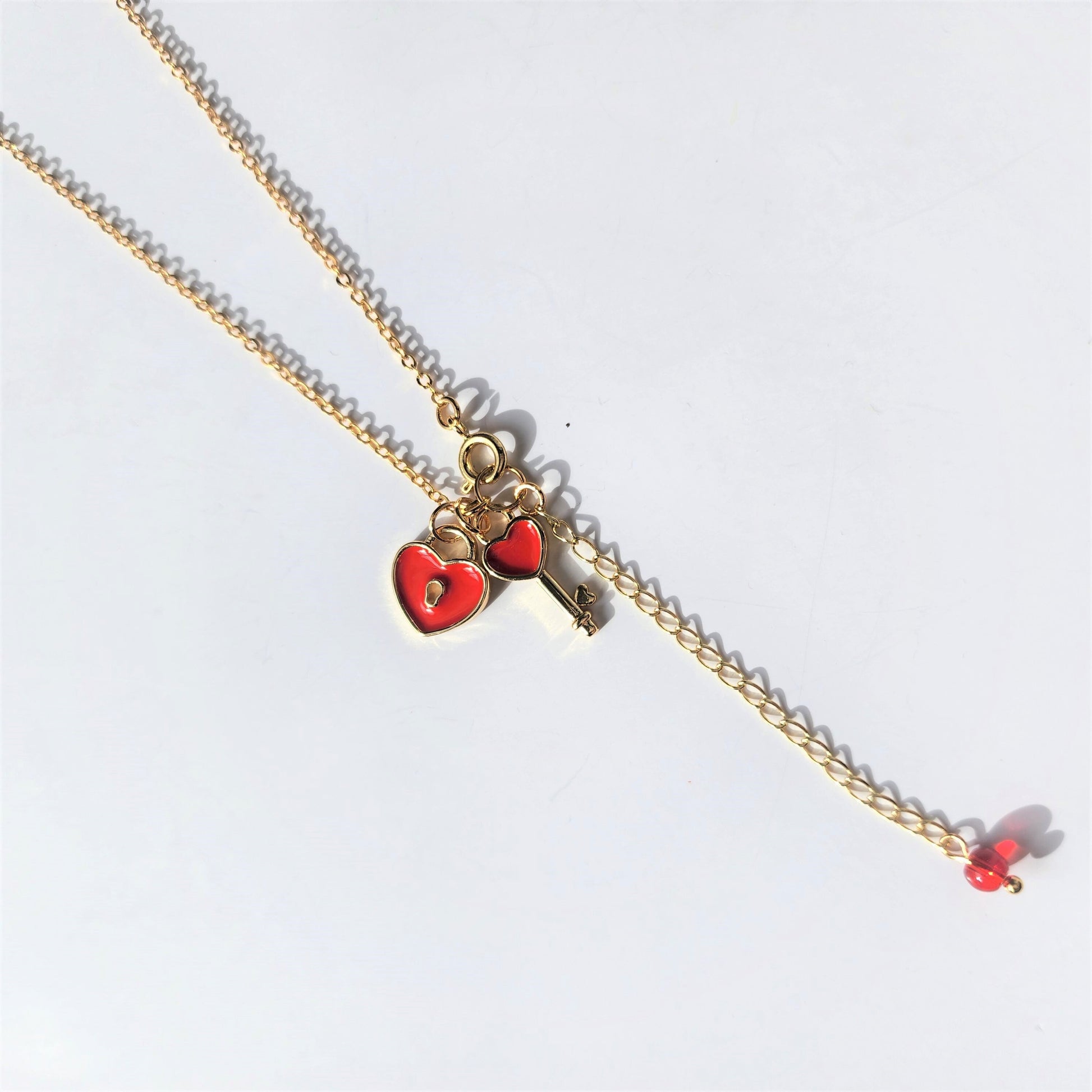 Red Heart Necklace, Love Heart lock and Key Gold Necklace,Bridesmaid Gift, Bridal Shower Gift, Flower Girl Necklace, Birthday Gift