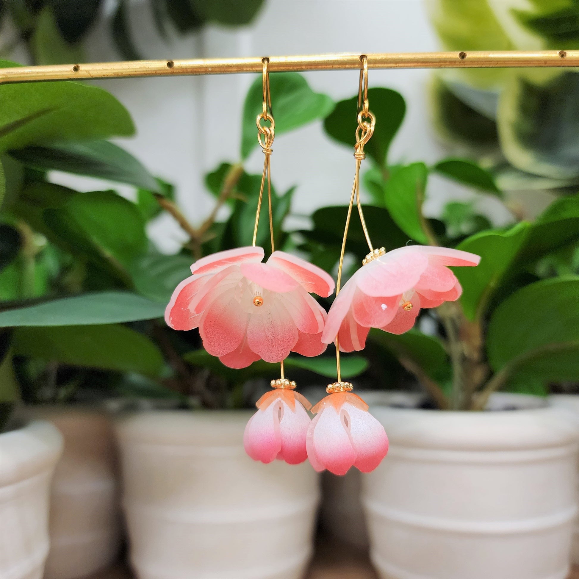Begonia flower earrings, floral dangle earrings, gift for her
