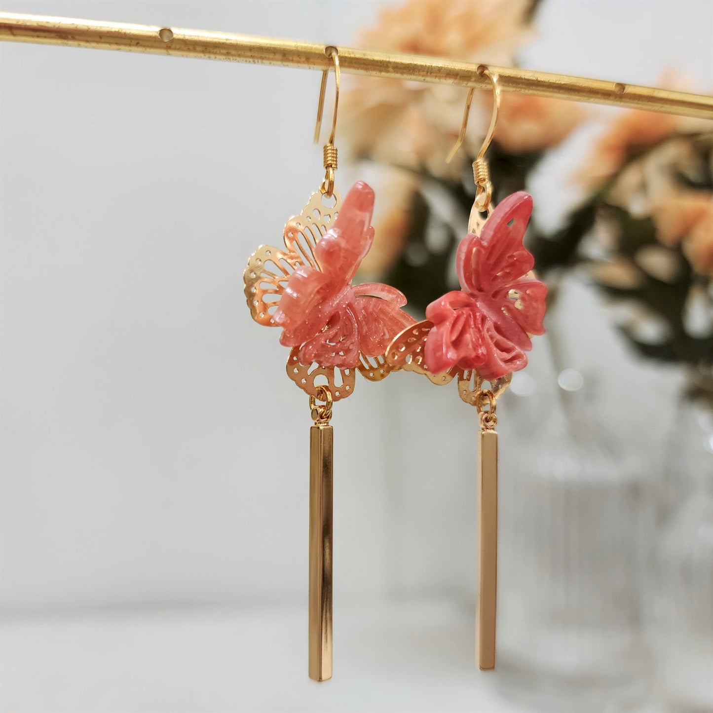 Butterfly earrings, butterfly dangle earrings, Oriental earrings, gift for her