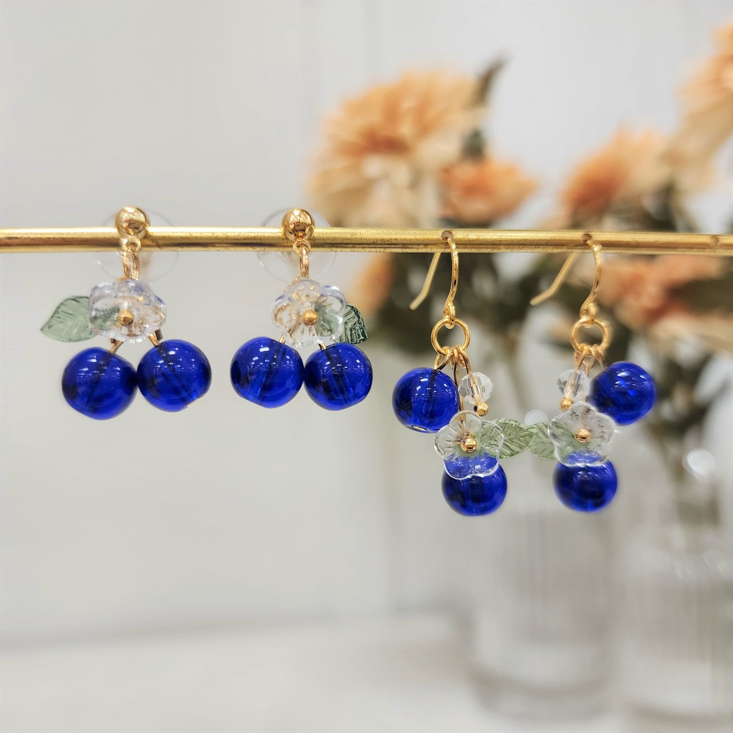 Blueberry cluster dangle earrings, Glass berries currants earrings, Fruit earrings, Food earrings