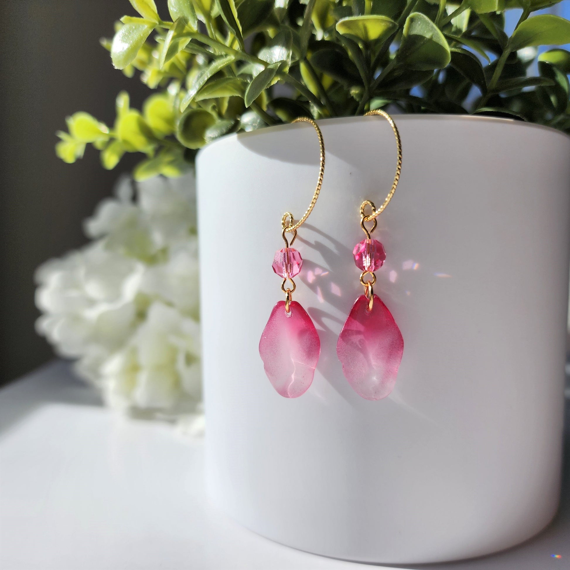 Rose petal earrings, flower petal crystal dangle earrings, gift for her