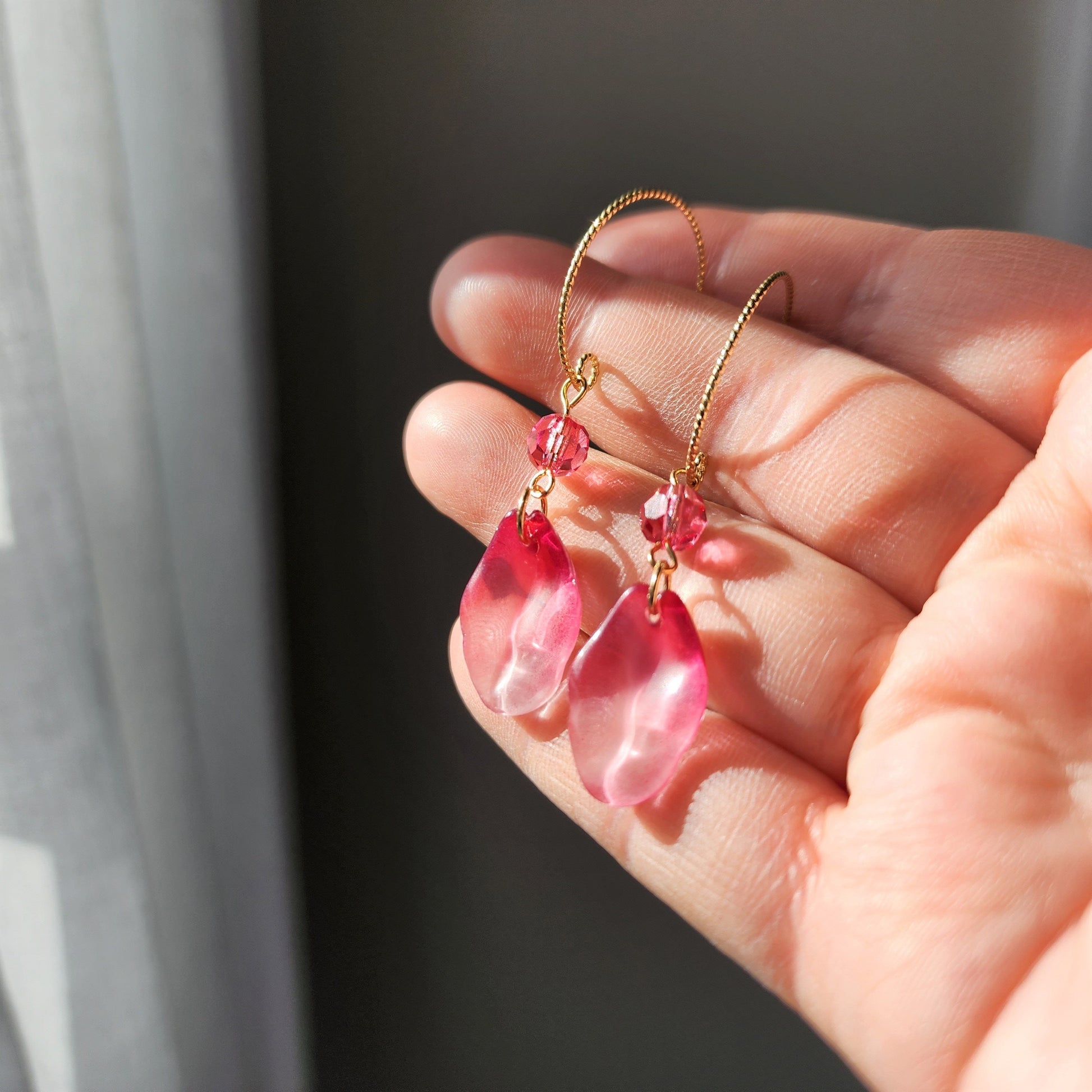 Rose petal earrings, flower petal crystal dangle earrings, gift for her
