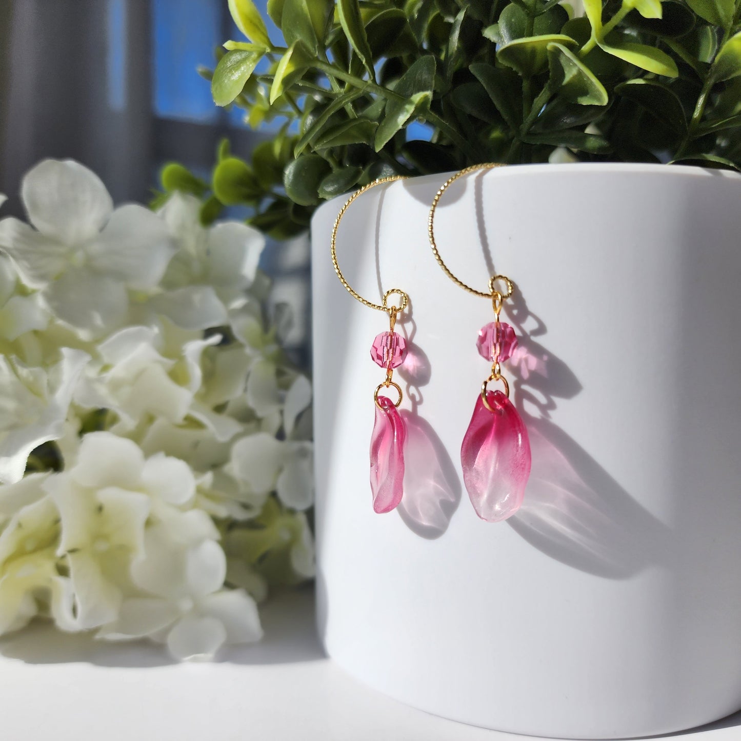 Rose petal earrings, flower petal crystal dangle earrings, gift for her