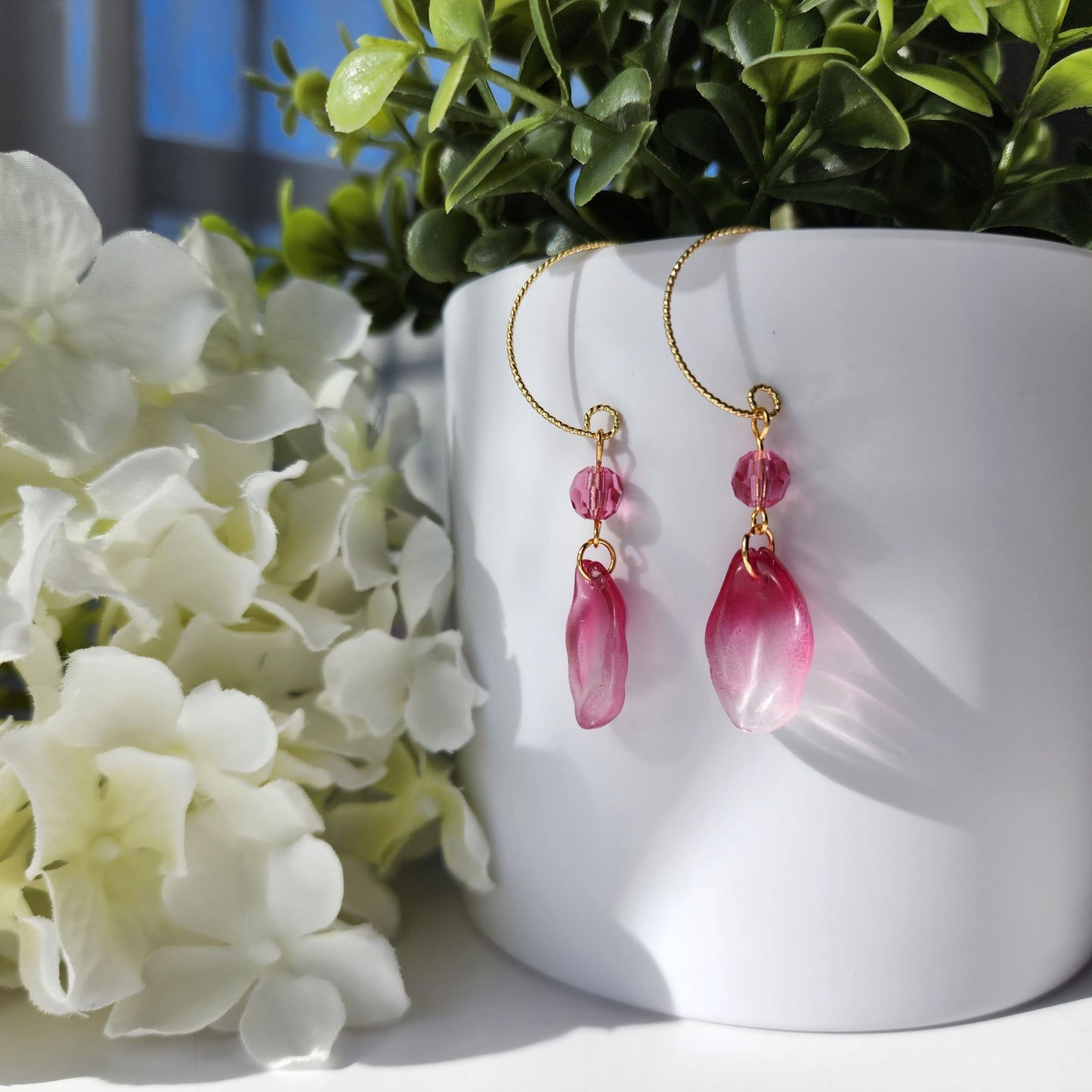 Rose petal earrings, flower petal crystal dangle earrings, gift for her