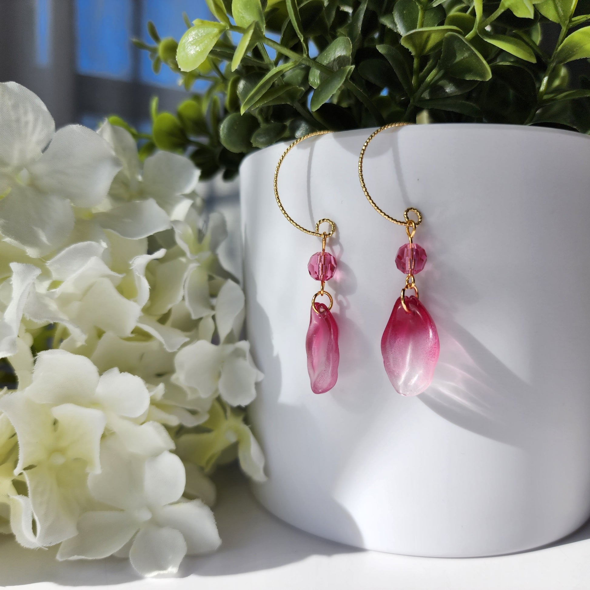 Rose petal earrings, flower petal crystal dangle earrings, gift for her