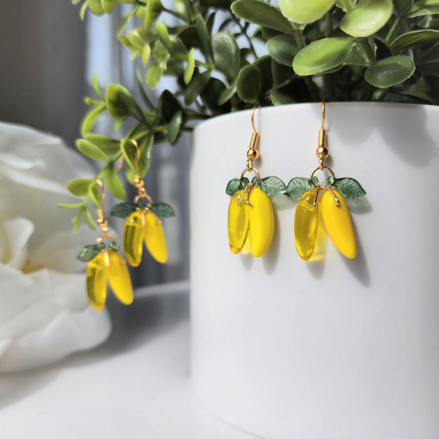 Banana earrings, glass banana dangle earrings, fruit earrings, food earrings, gift for her