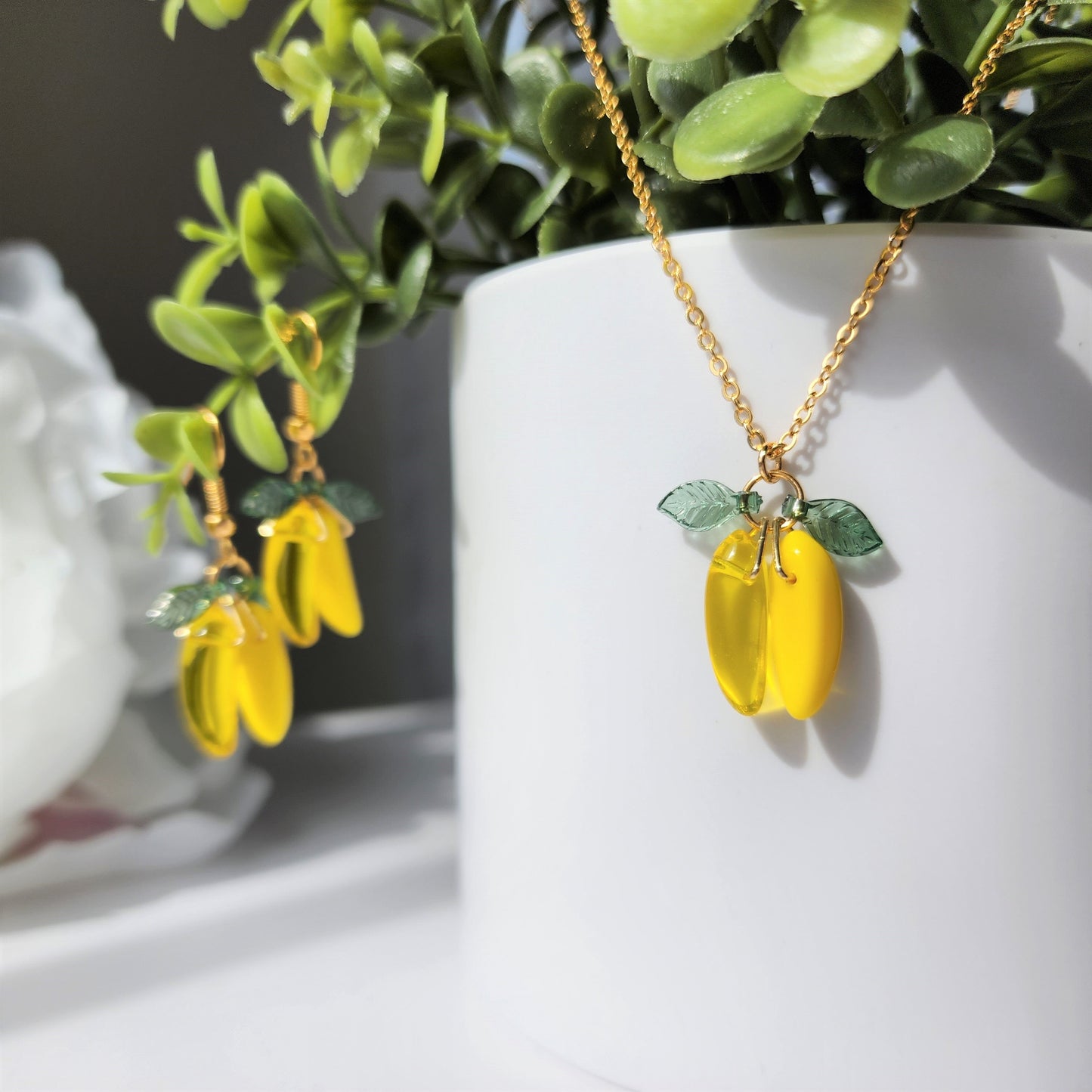 Banana earrings, glass banana dangle earrings, fruit earrings, food earrings, gift for her