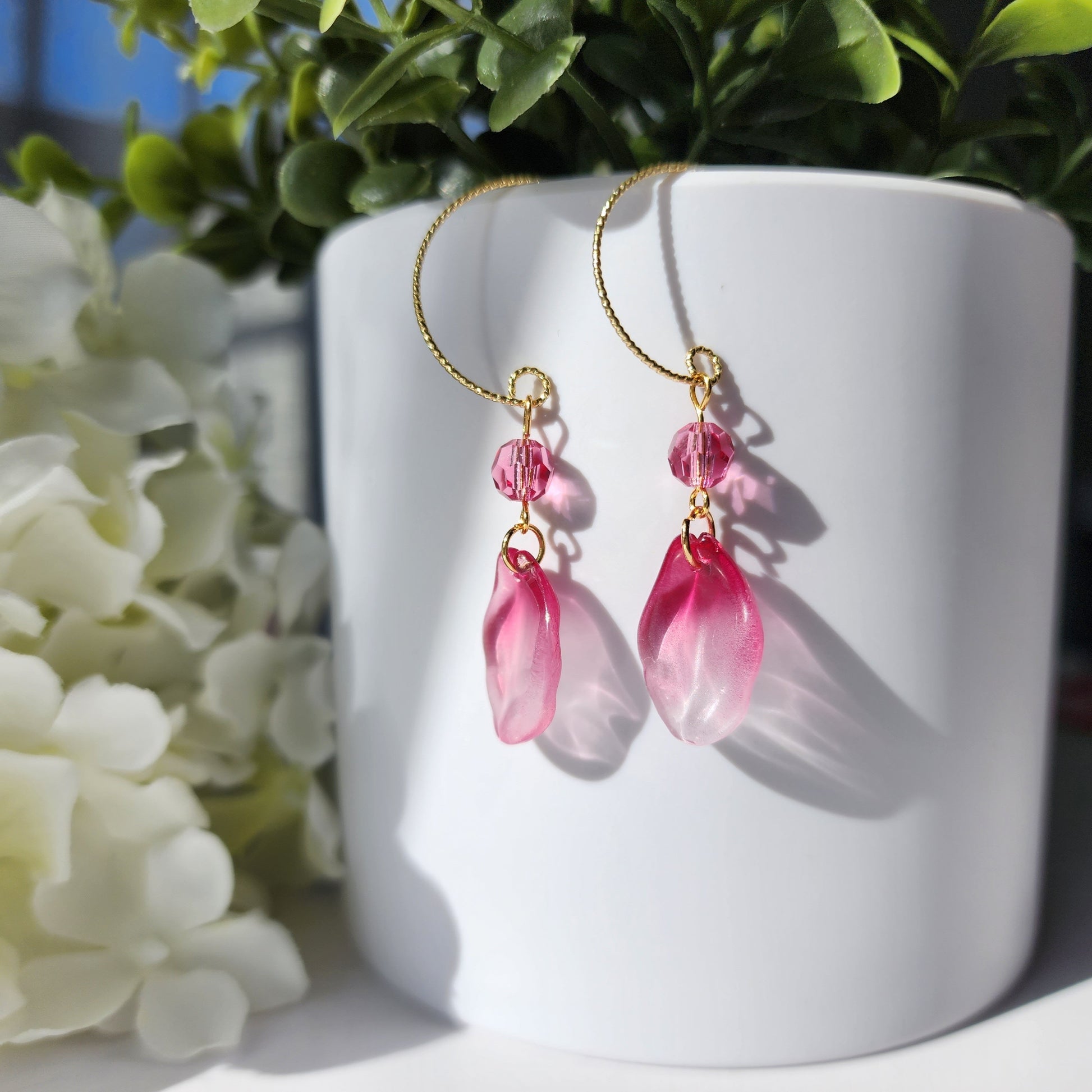 Rose petal earrings, flower petal crystal dangle earrings, gift for her