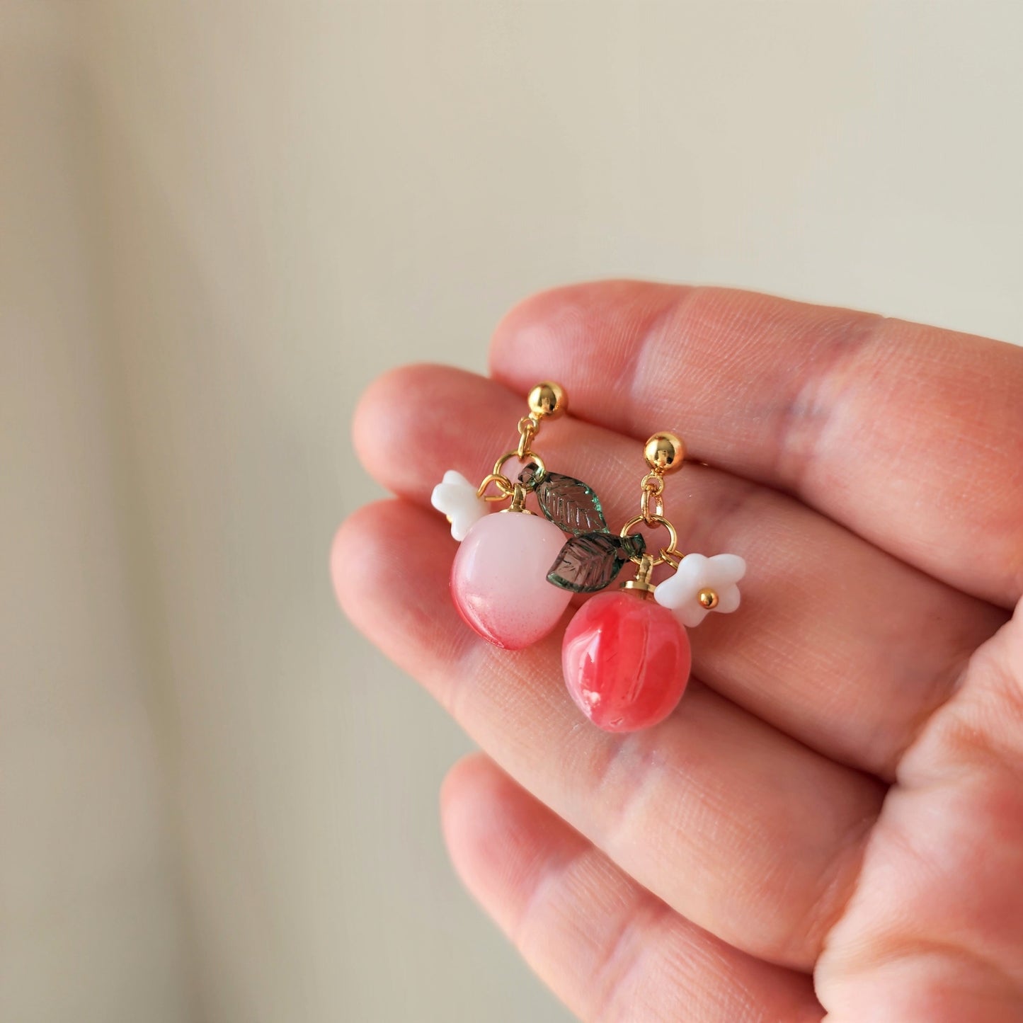 Peach earrings, fruit dangle earrings, food earrings, gift for her