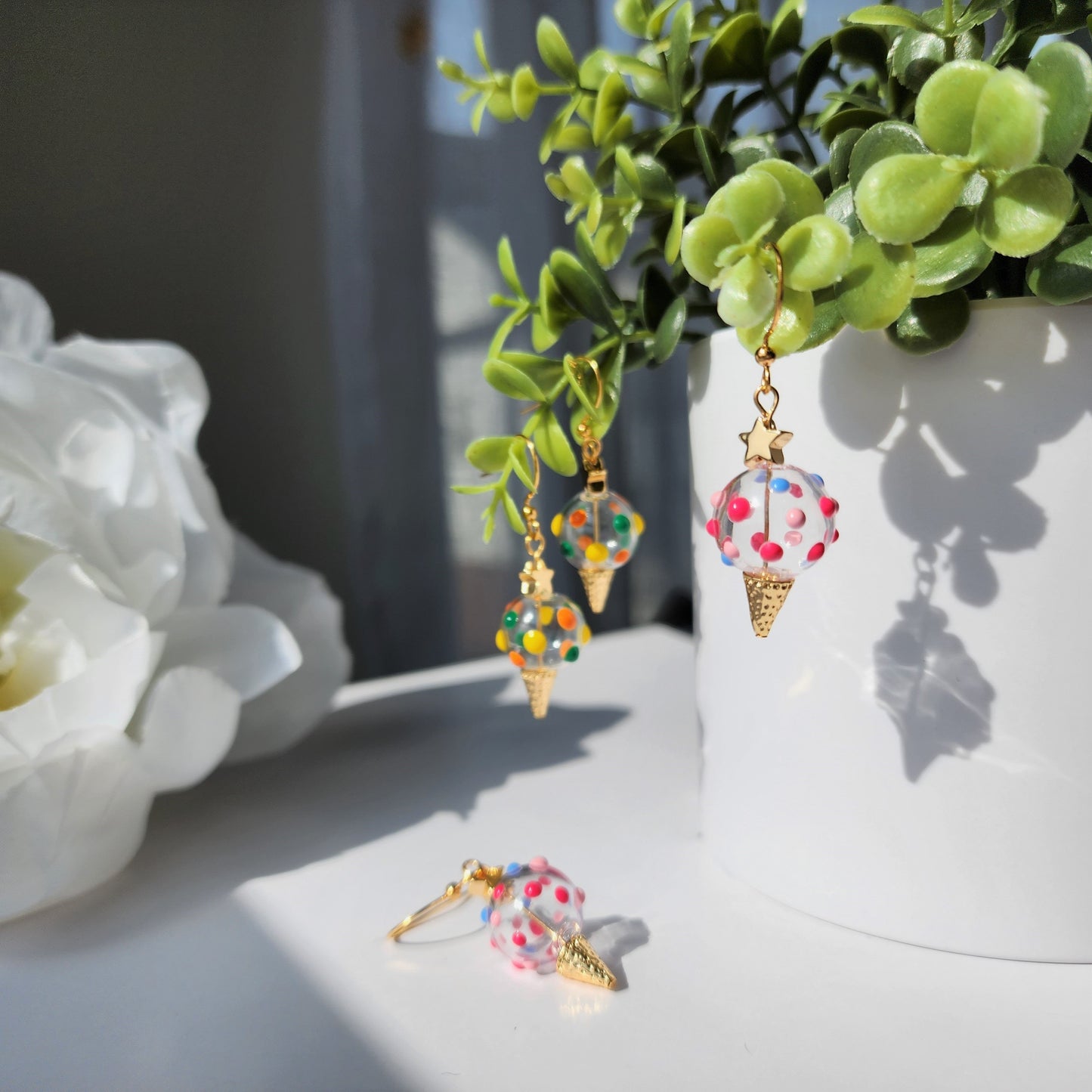 Sprinkles ice cream earrings, glass ice cream dangle earrings, food earrings, gift for her