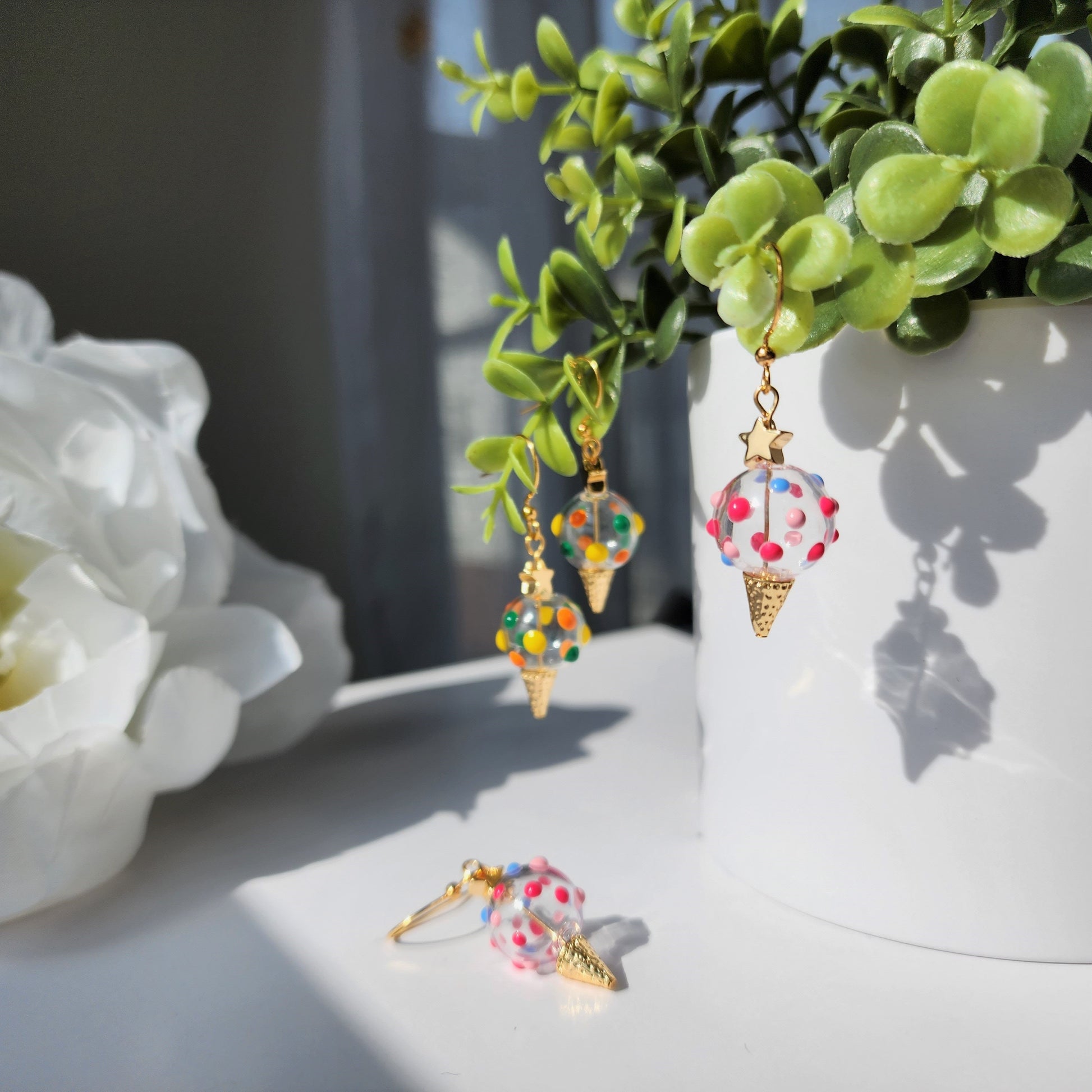 Sprinkles ice cream earrings, glass ice cream dangle earrings, food earrings, gift for her