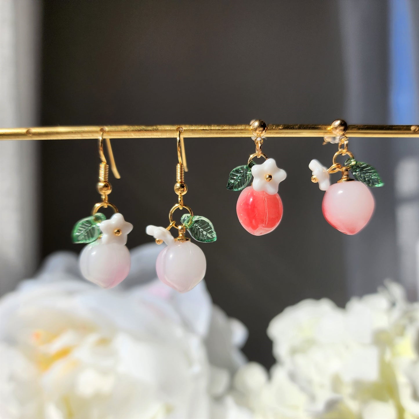 Peach earrings, fruit dangle earrings, food earrings, gift for her