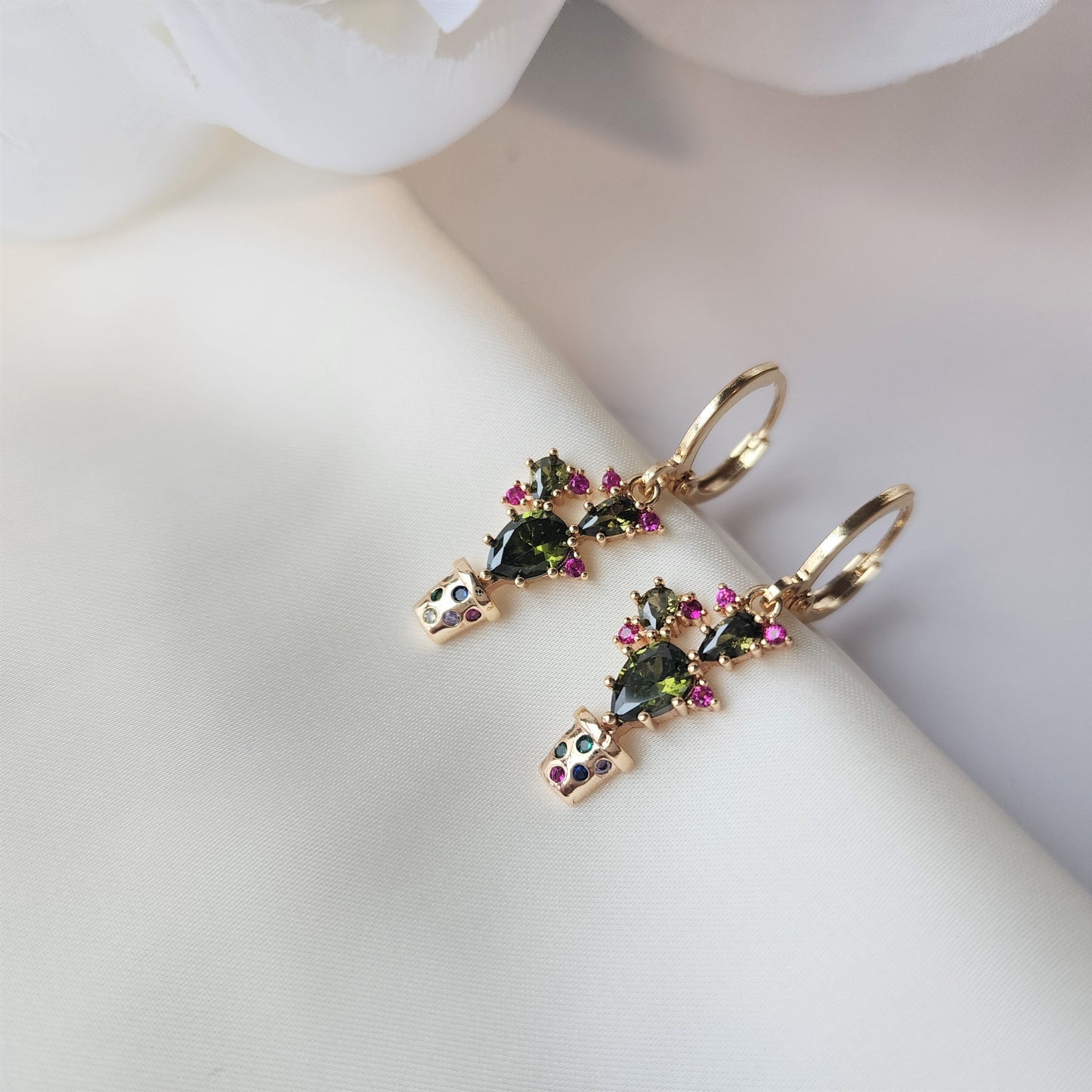 Cactus huggie hoop earrings, Cactus dangle earrings, plant drop earrings, gift for her