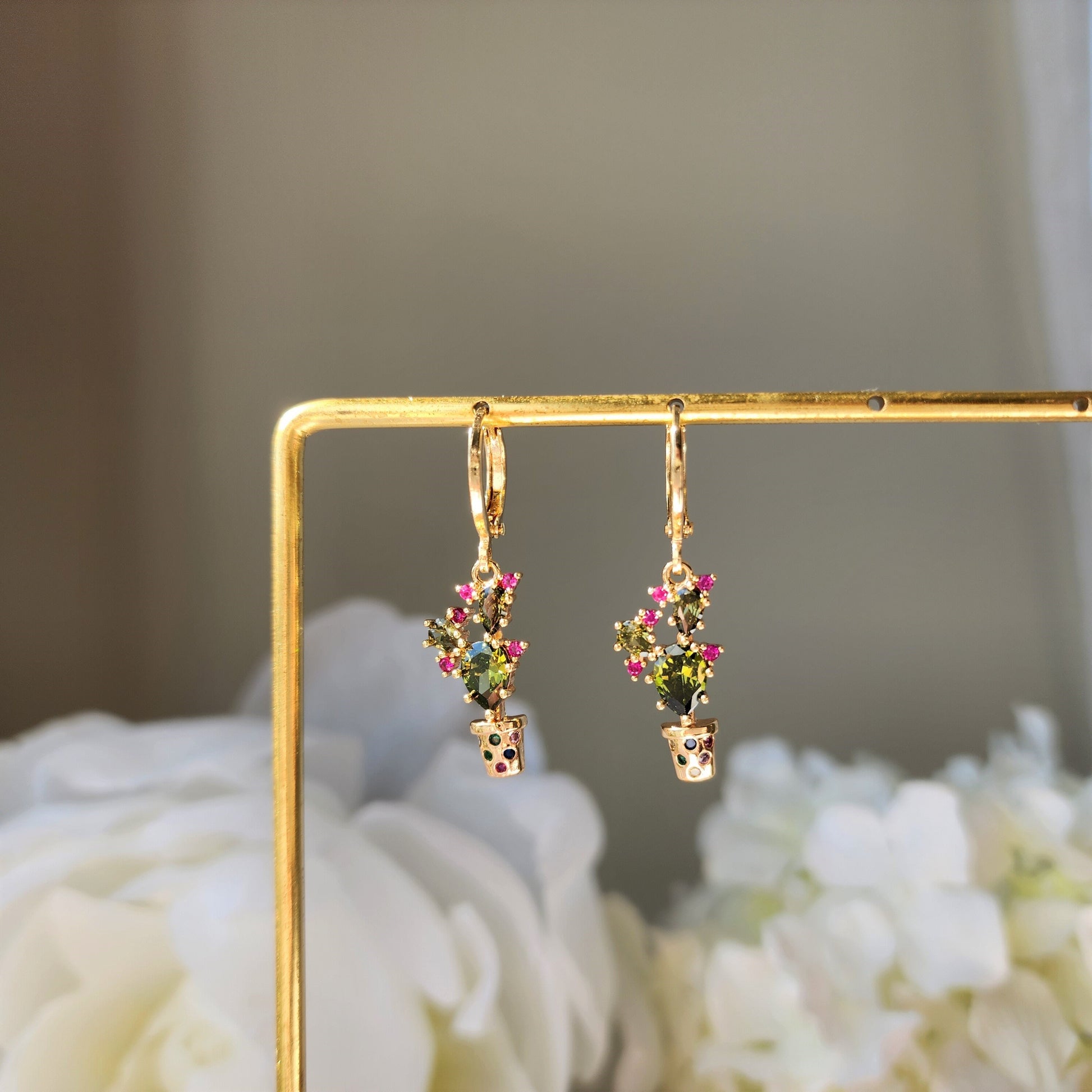 Cactus huggie hoop earrings, Cactus dangle earrings, plant drop earrings, gift for her