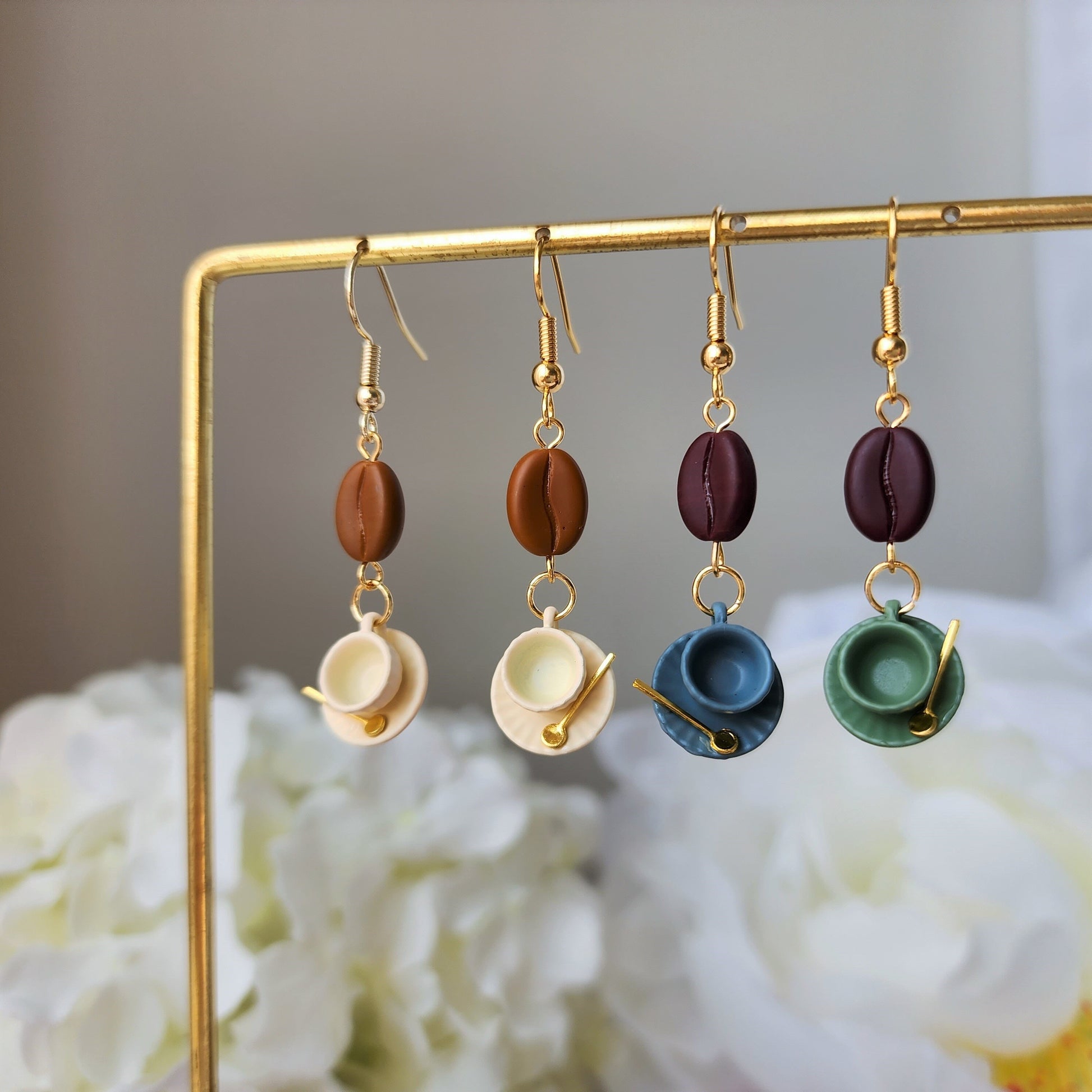 Ceramic coffee cup with saucer earrings, Coffee beans dangle earrings, gift for her