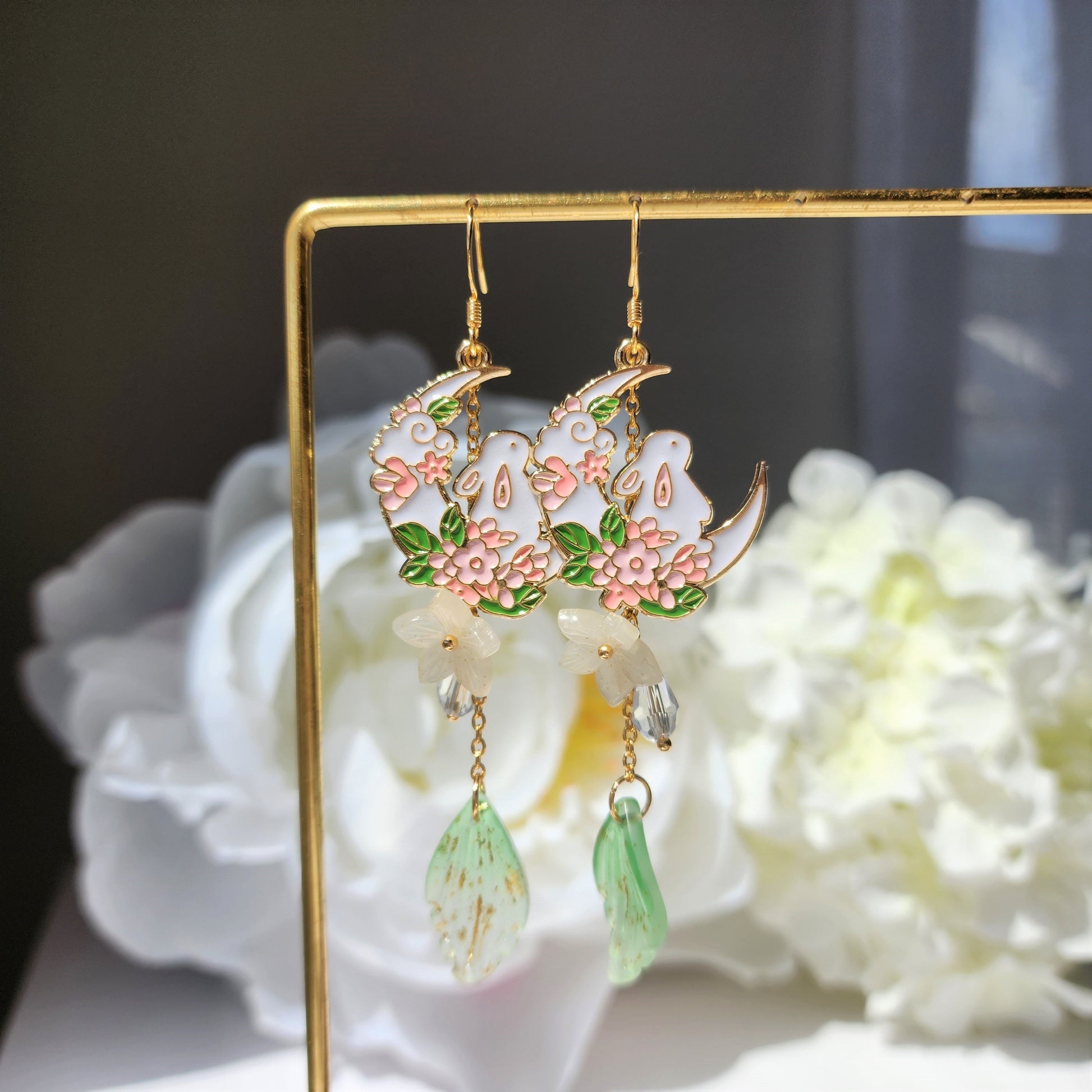 Crescent with rabbit and flowers earrings, cute bunny dangle earrings, fairytale drop earrings, gift for her