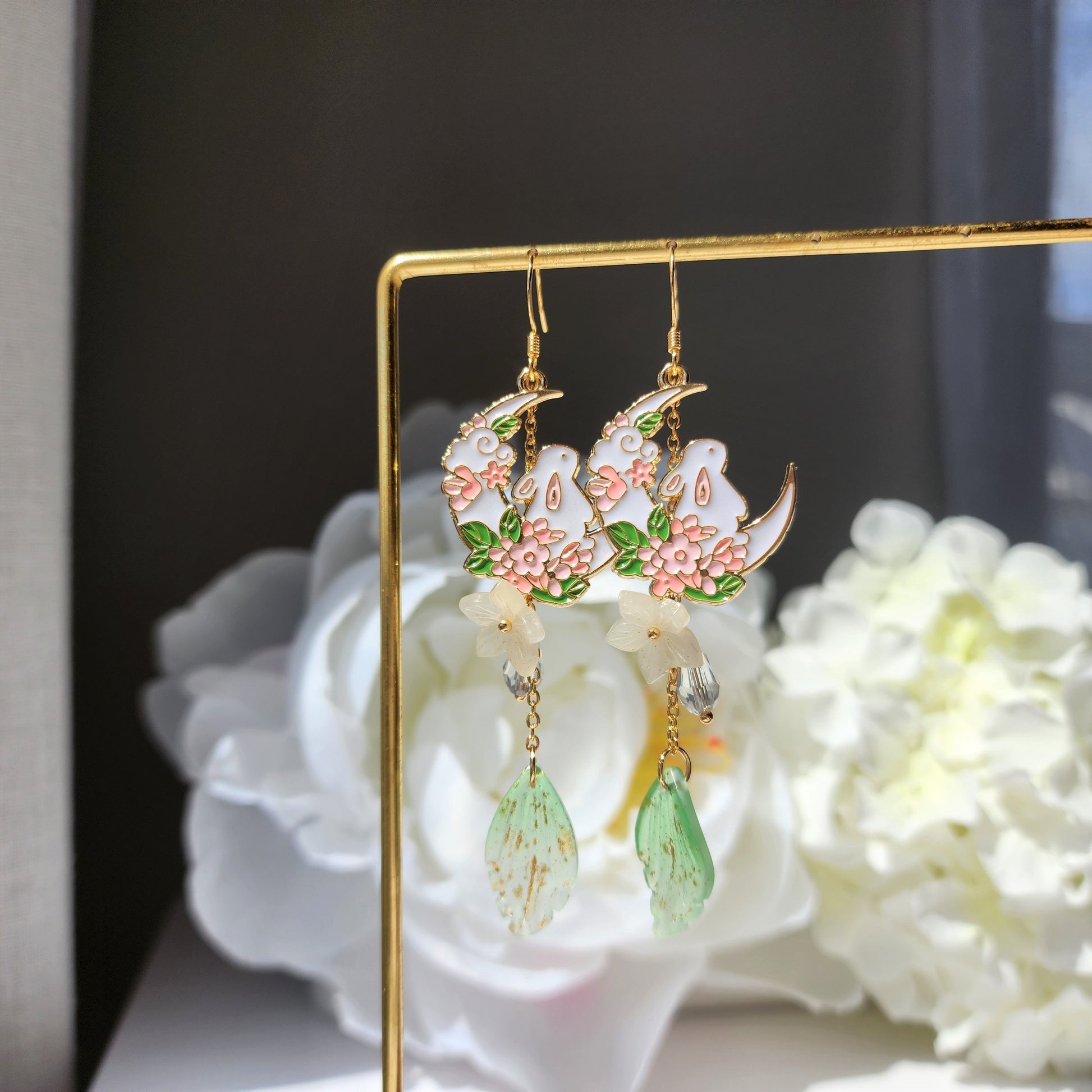 Crescent with rabbit and flowers earrings, cute bunny dangle earrings, fairytale drop earrings, gift for her