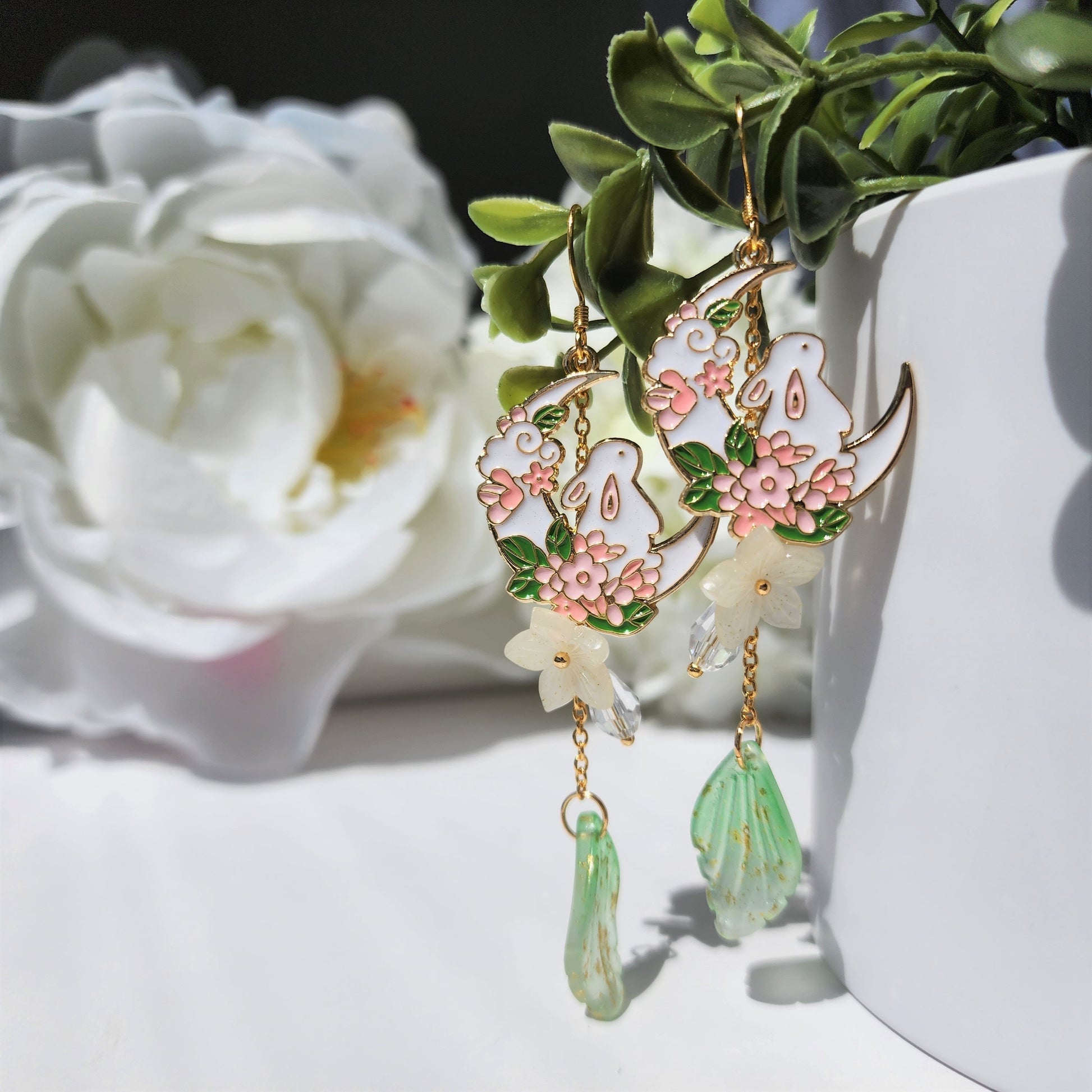 Crescent with rabbit and flowers earrings, cute bunny dangle earrings, fairytale drop earrings, gift for her