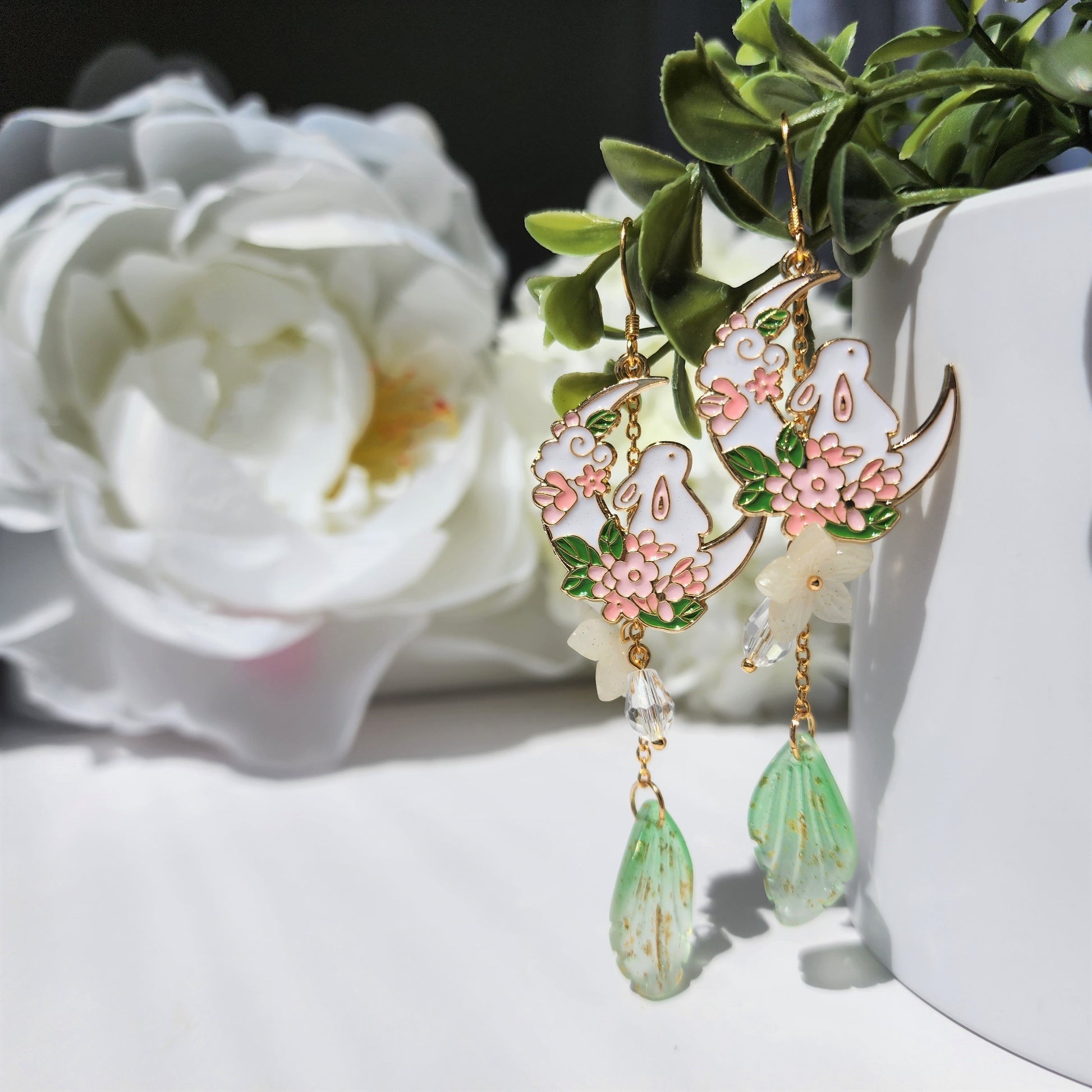 Crescent with rabbit and flowers earrings, cute bunny dangle earrings, fairytale drop earrings, gift for her