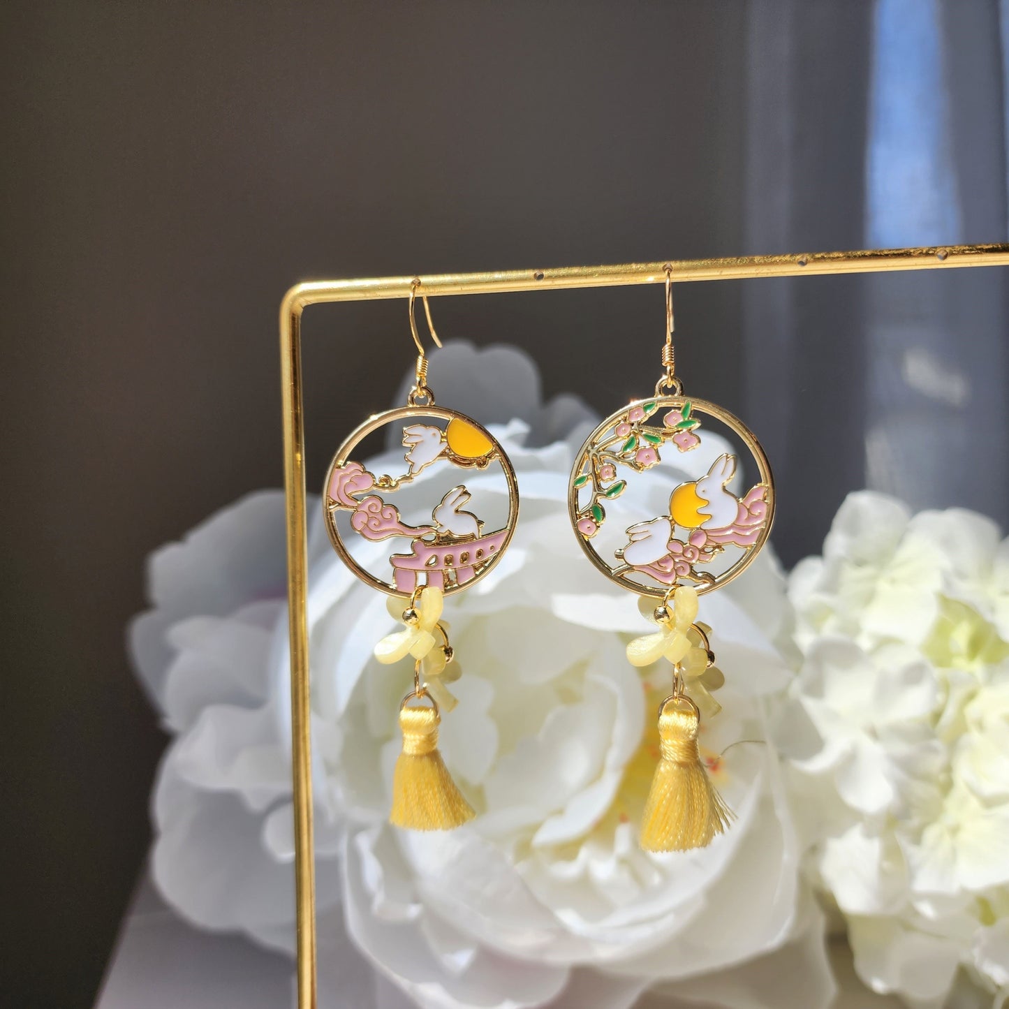 Yellow Osmanthus earrings, Japanese osmanthus blossom with rabbit bunny earrings, animal and floral earrings, gift for her