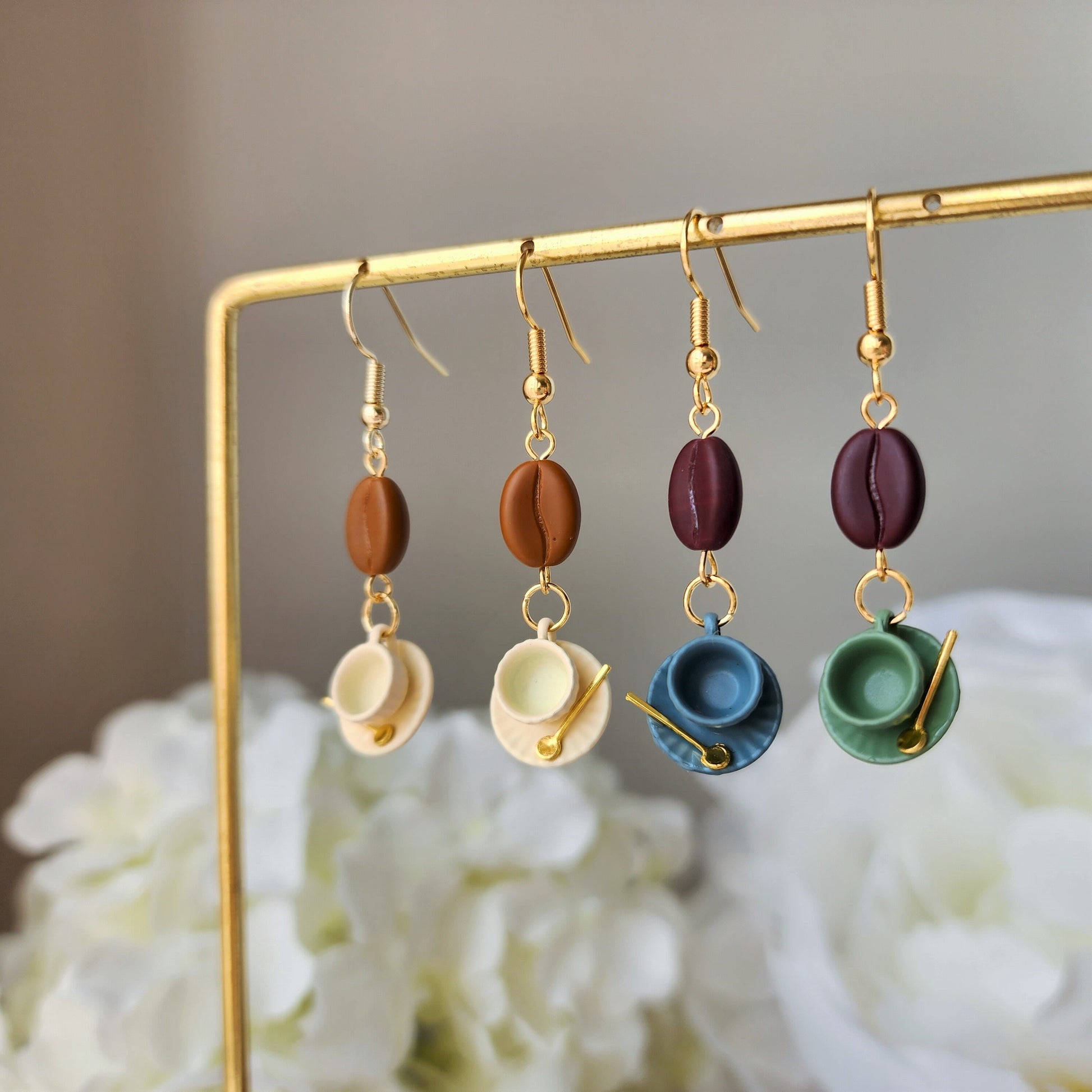 Ceramic coffee cup with saucer earrings, Coffee beans dangle earrings, gift for her
