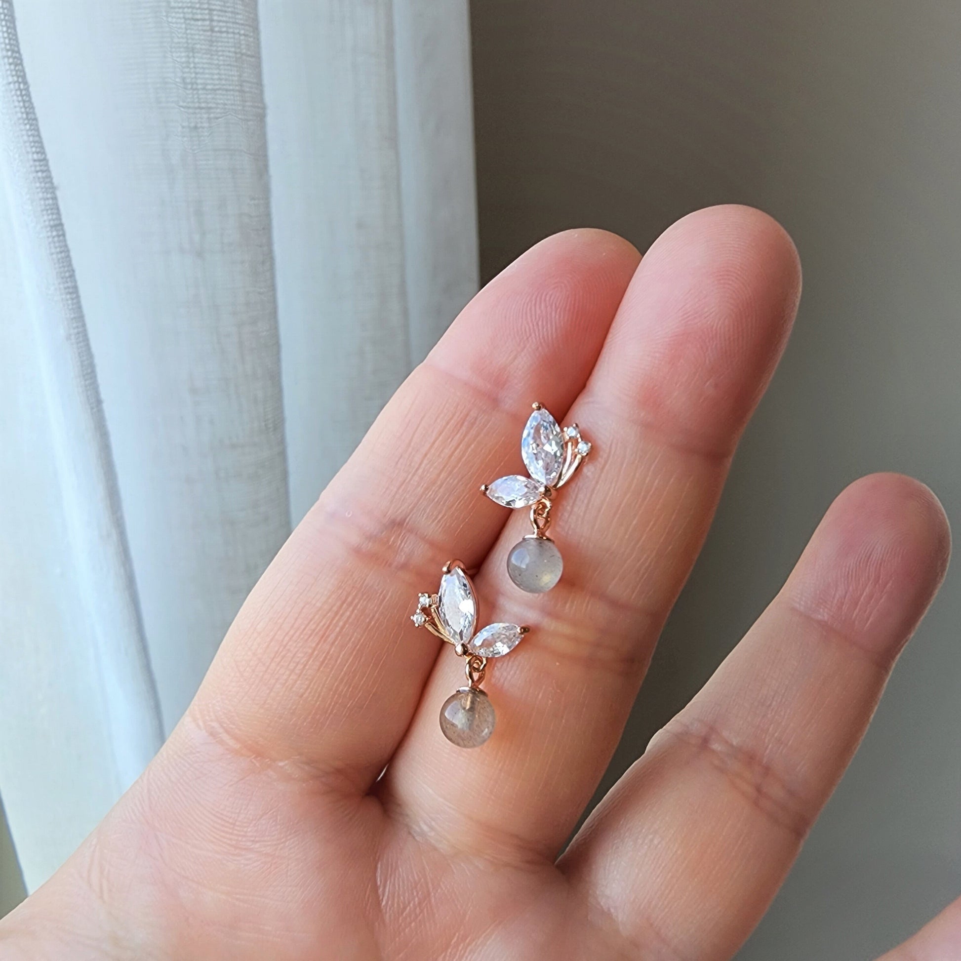 Moon stone butterfly earrings, Rose gold vermeil earrings, 925s silver earrings, gift for her