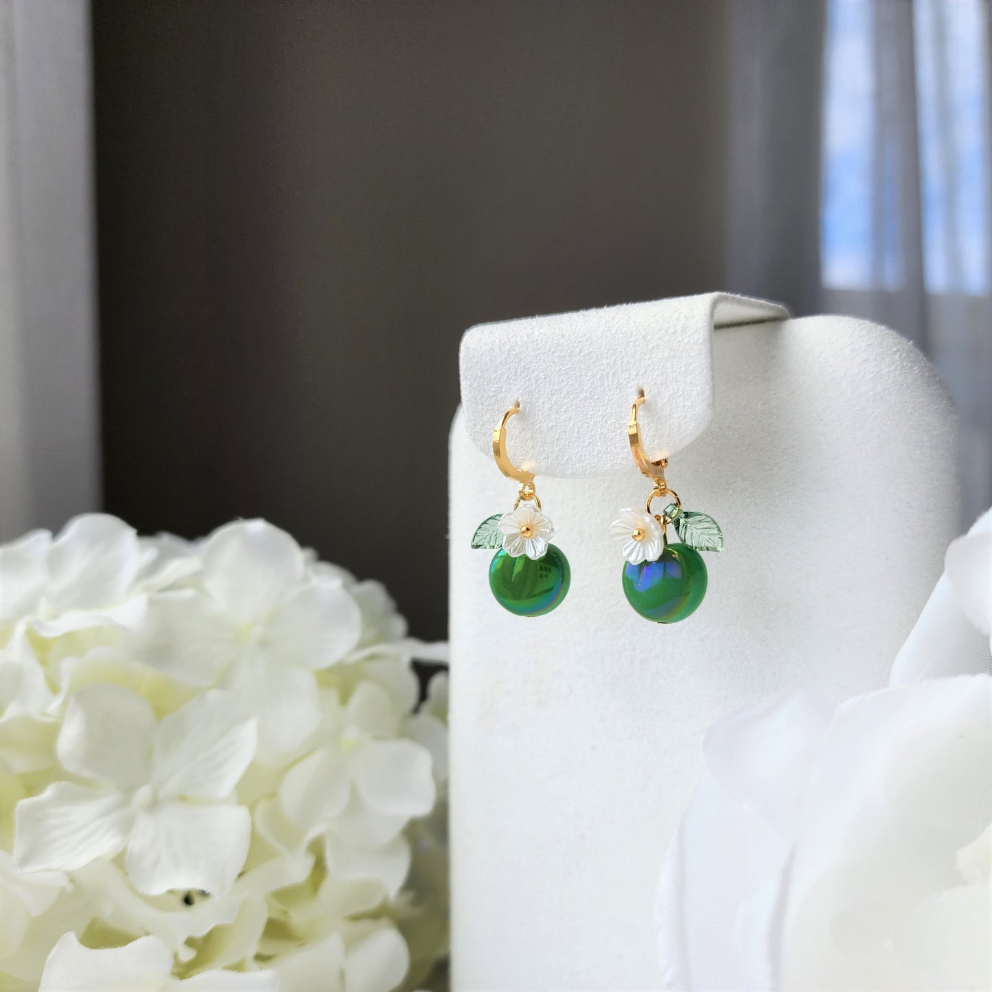Sour apple earrings, Glass green apple huggie hoop earrings, fruit earrings, food earrings, gift for her