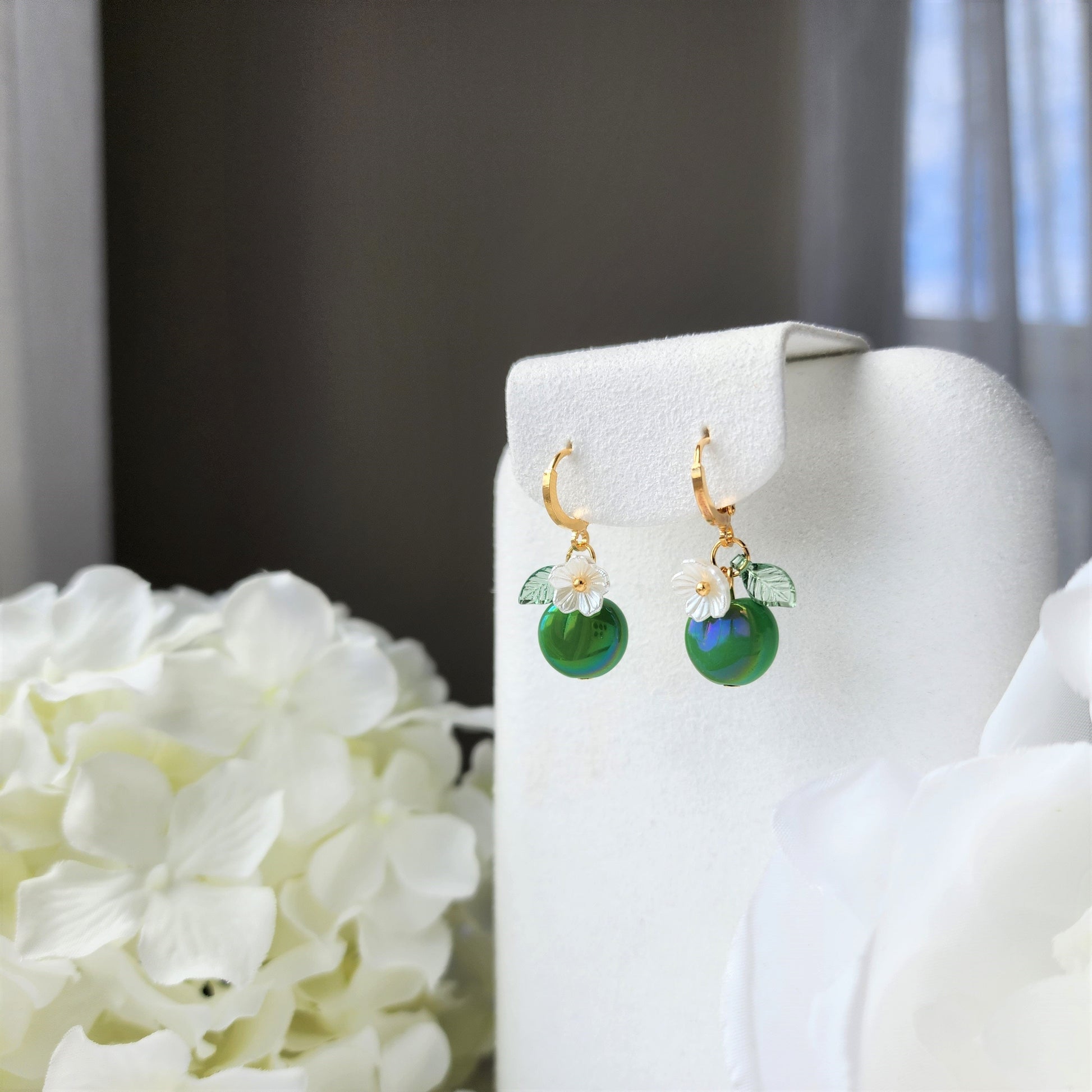Sour apple earrings, Glass green apple huggie hoop earrings, fruit earrings, food earrings, gift for her