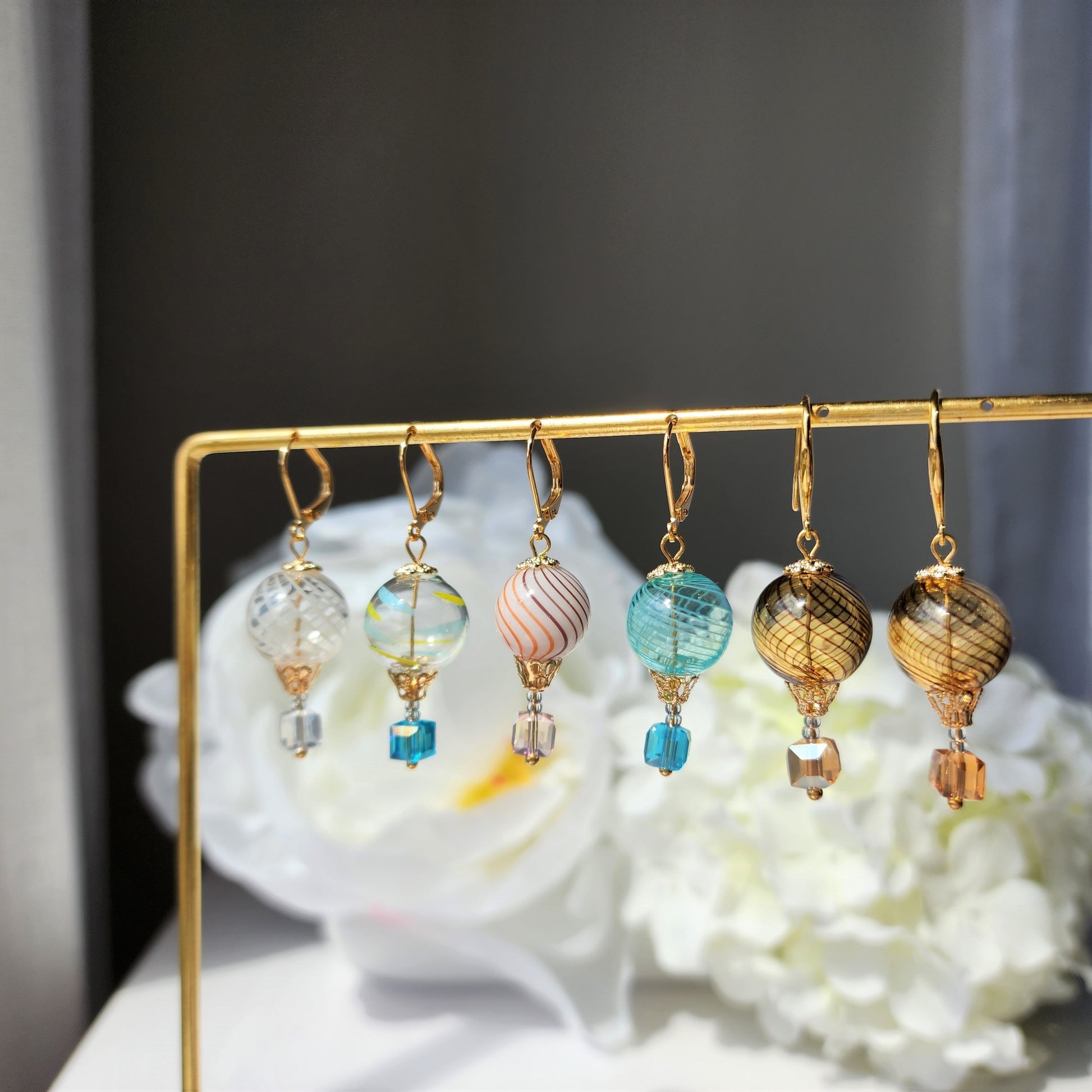 Round hot air balloon earrings, Small cute glass balloon earrings, Fun dangle earrings,gift for her