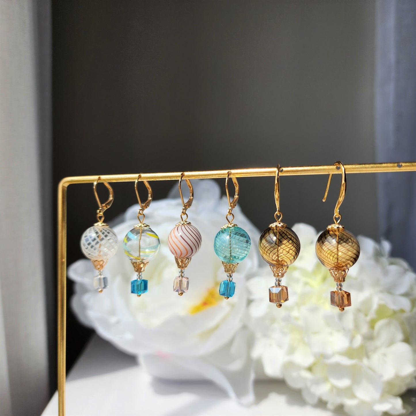 Round hot air balloon earrings, Small cute glass balloon earrings, Fun dangle earrings,gift for her