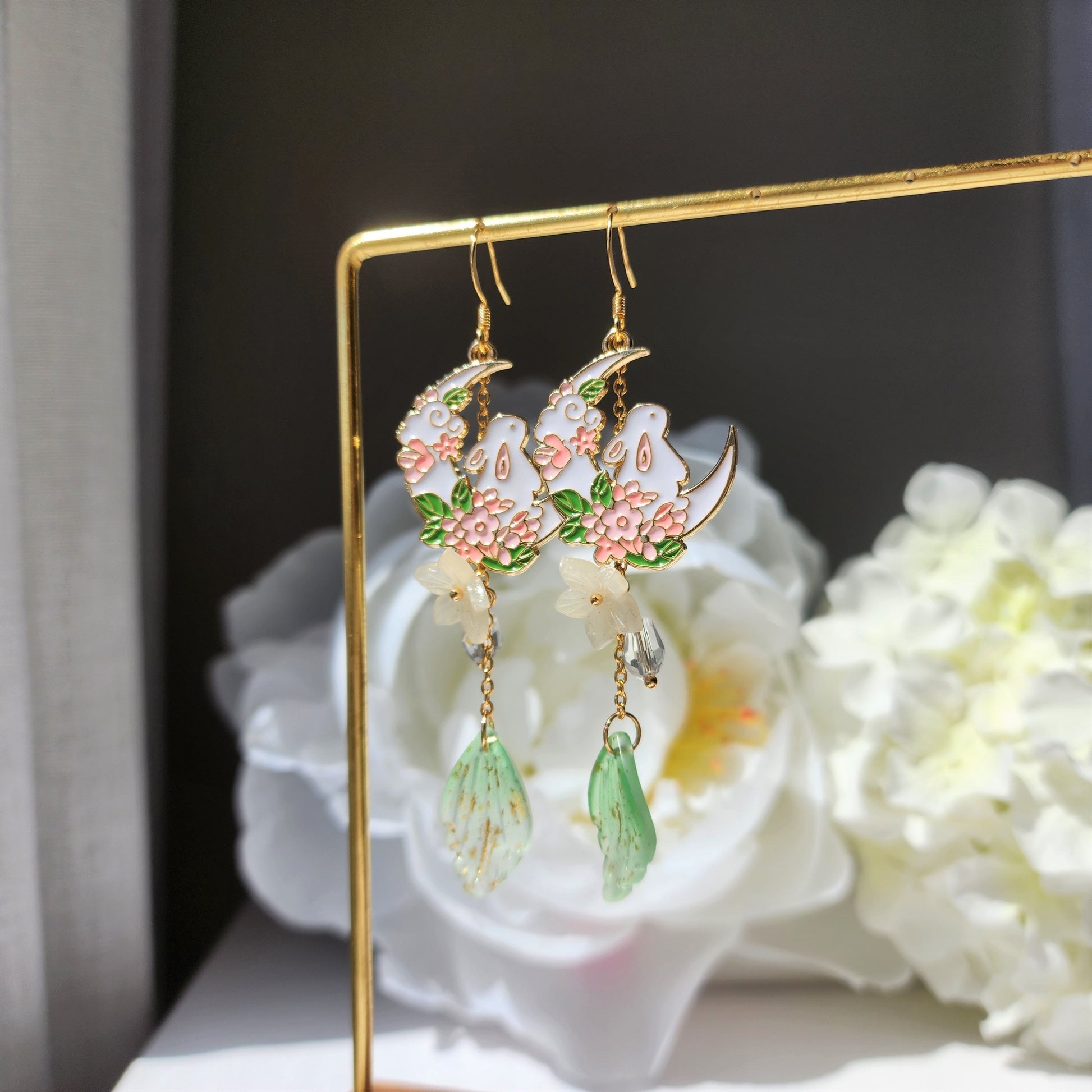 Crescent with rabbit and flowers earrings, cute bunny dangle earrings, fairytale drop earrings, gift for her