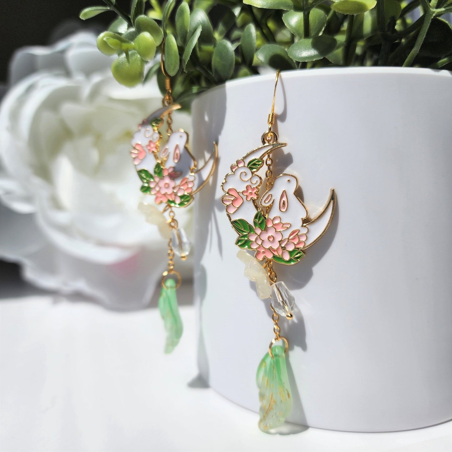 Crescent with rabbit and flowers earrings, cute bunny dangle earrings, fairytale drop earrings, gift for her